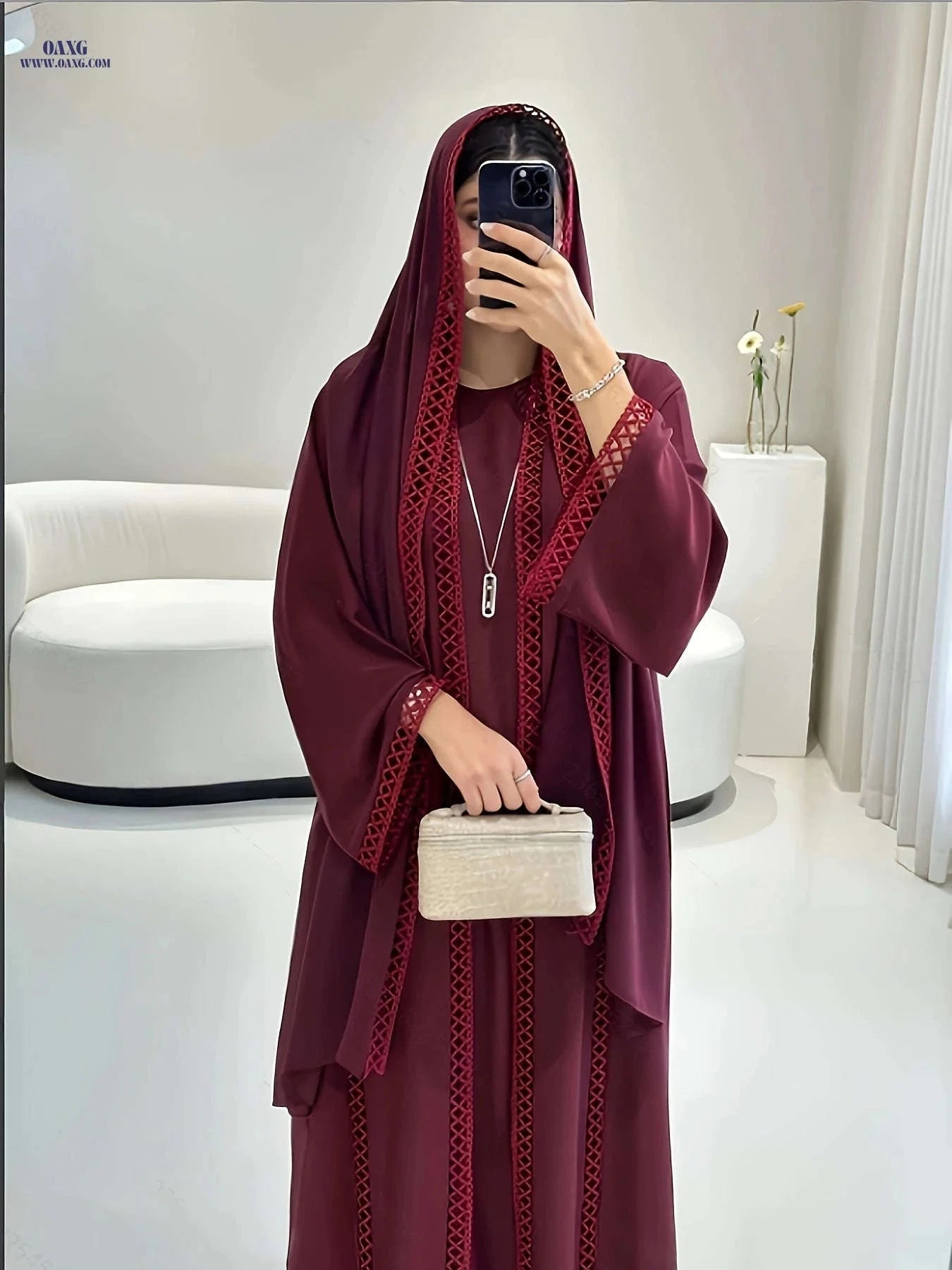 Elegant Open Long Robe Set with Lace Trim - Lightweight & Breathable   OAXG Burgundy / S