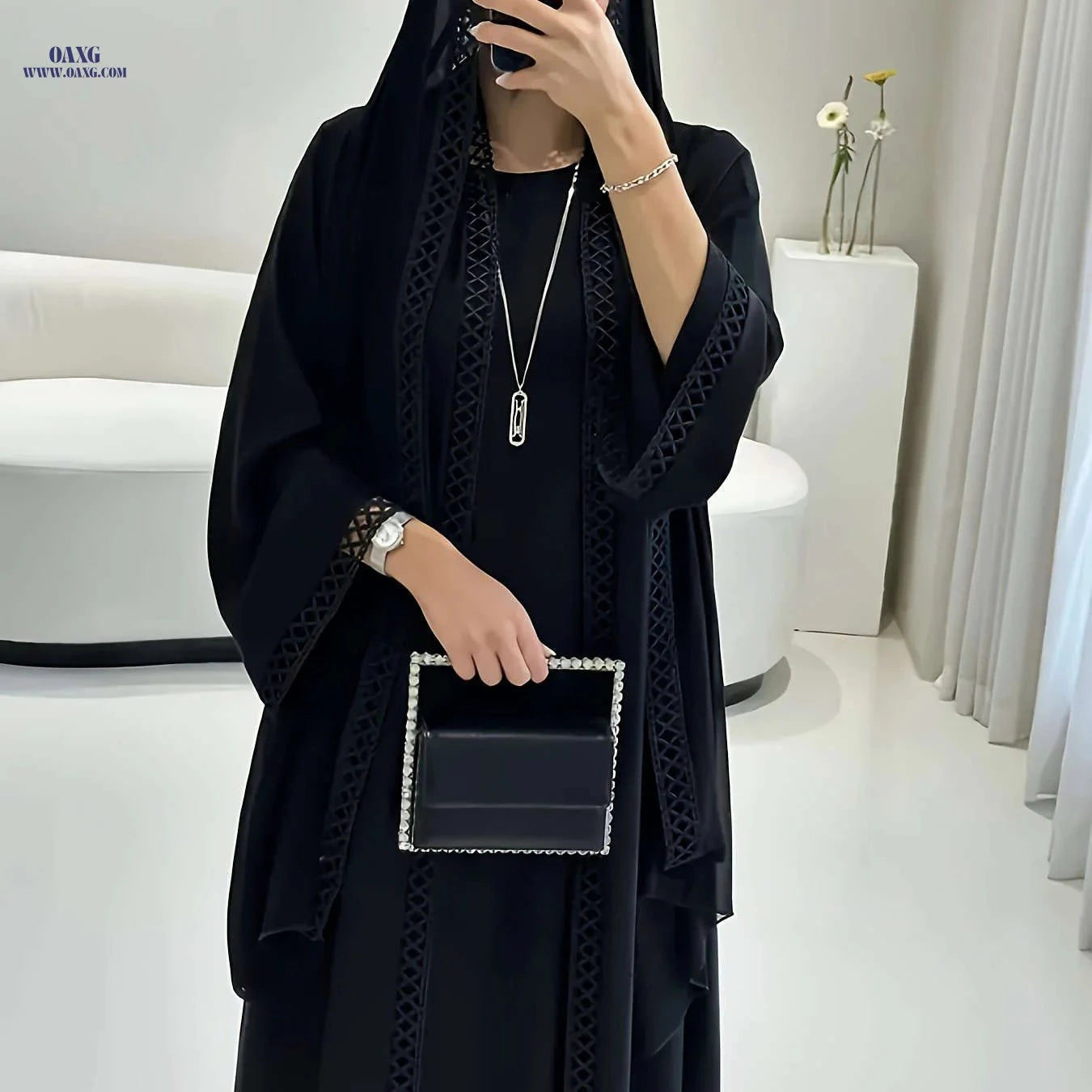 Elegant Open Long Robe Set with Lace Trim - Lightweight & Breathable   OAXG 