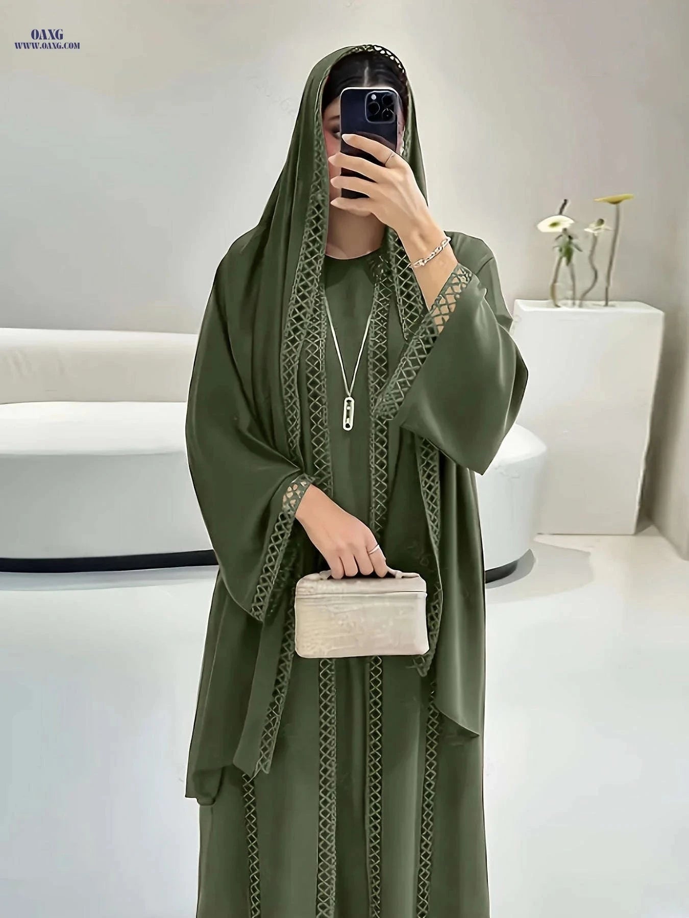 Elegant Open Long Robe Set with Lace Trim - Lightweight & Breathable   OAXG 