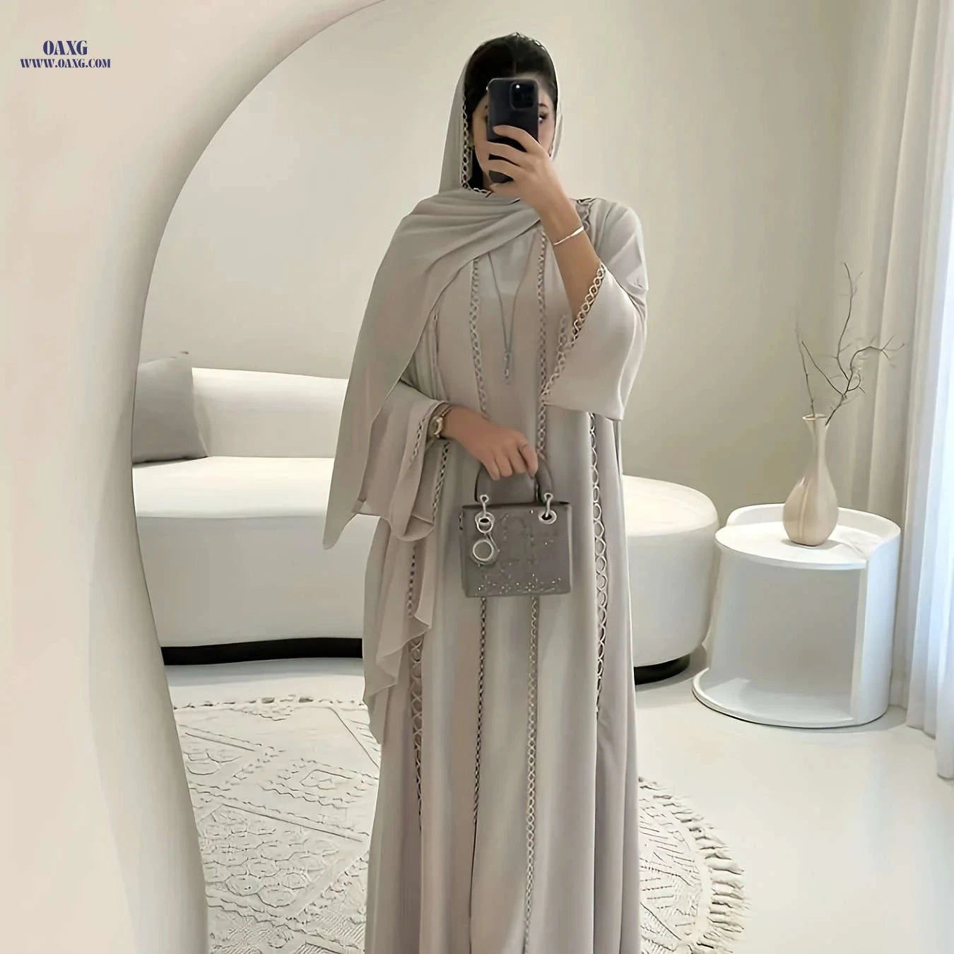 Elegant Open Robe Set - Lace Slip Dress & Chiffon Scarf for Fall   OAXG Oatmeal Color / S