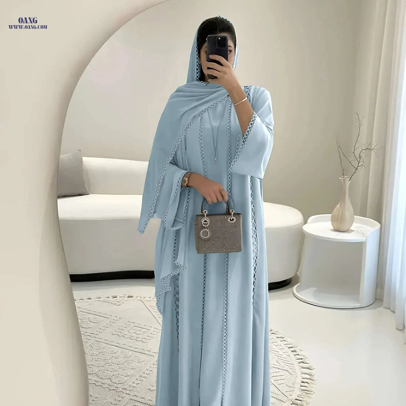 Elegant Open Robe Set - Lace Slip Dress & Chiffon Scarf for Fall   OAXG Oatmeal Color / S