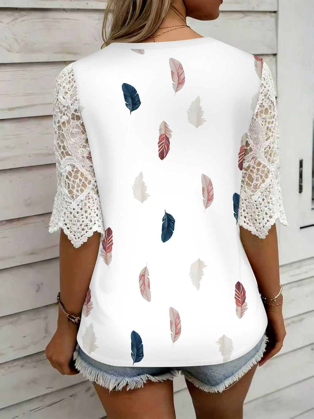 Elegant Orientation Women'S V-Neck Lace Printed T-Shirt Fashion Dye Pocket Top   OAXG Mixed colors / S