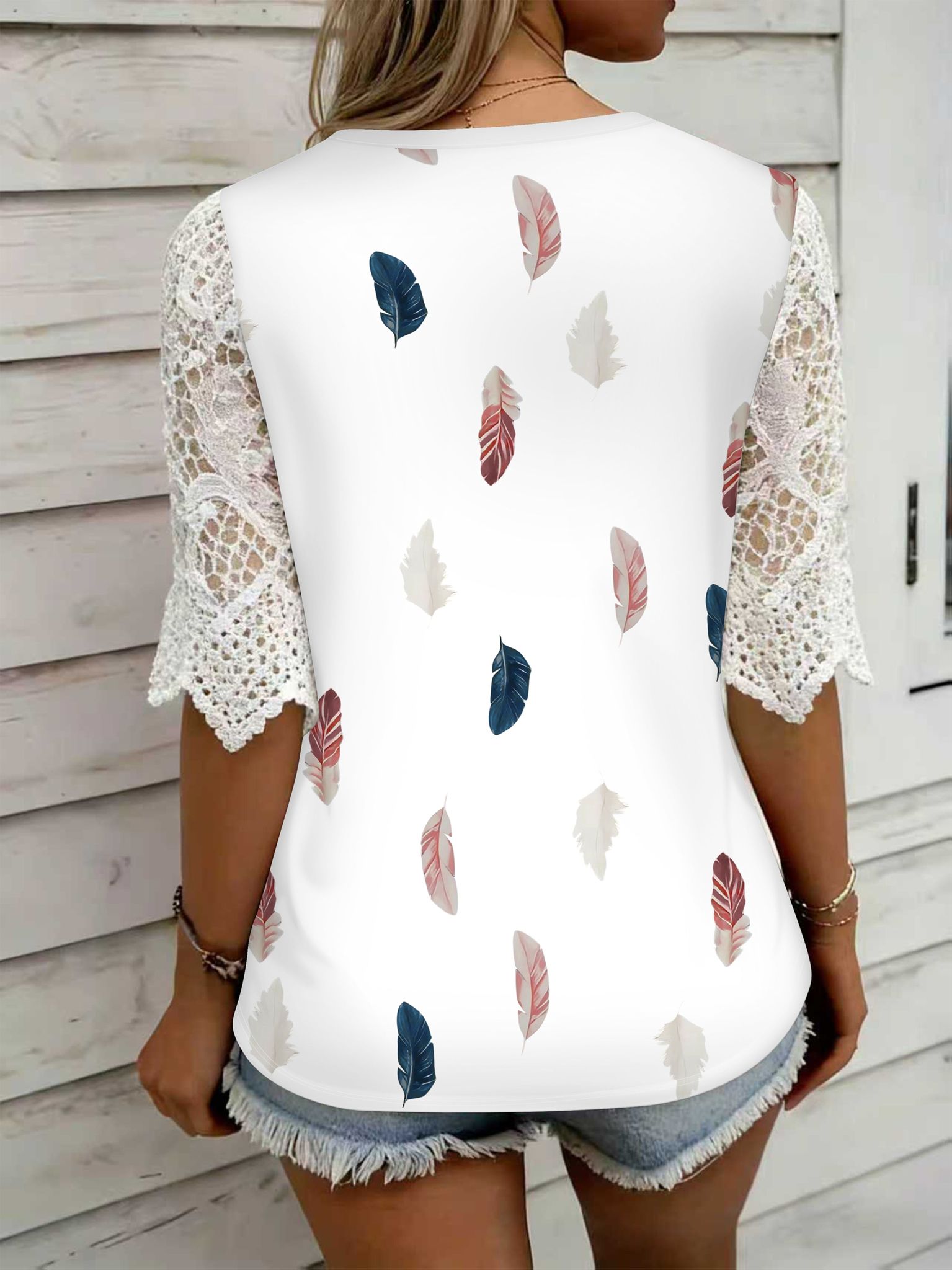 Elegant Orientation Women'S V-Neck Lace Printed T-Shirt Fashion Dye Pocket Top   OAXG Mixed colors / S