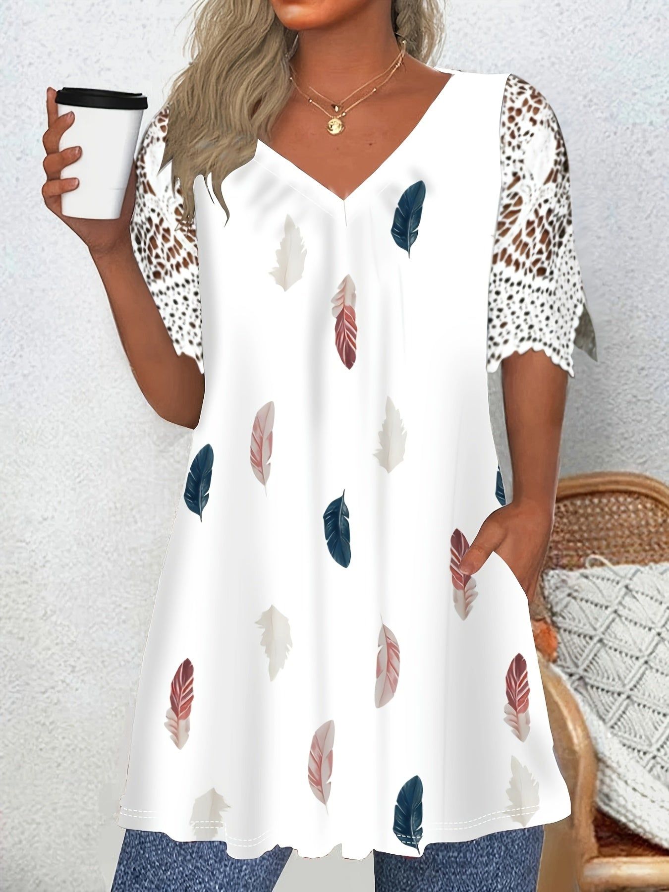 Elegant Orientation Women'S V-Neck Lace Printed T-Shirt Fashion Dye Pocket Top   OAXG Mixed colors / S