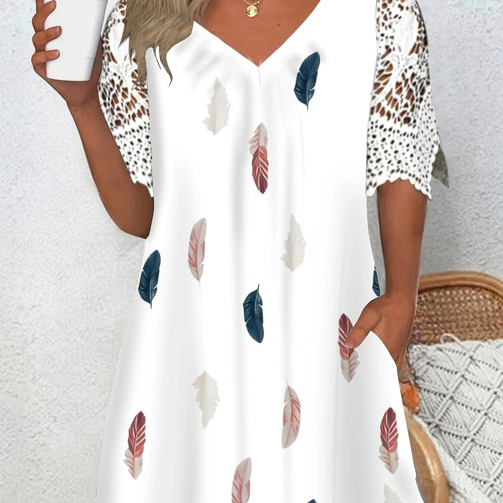 Elegant Orientation Women'S V-Neck Lace Printed T-Shirt Fashion Dye Pocket Top   OAXG Mixed colors / S