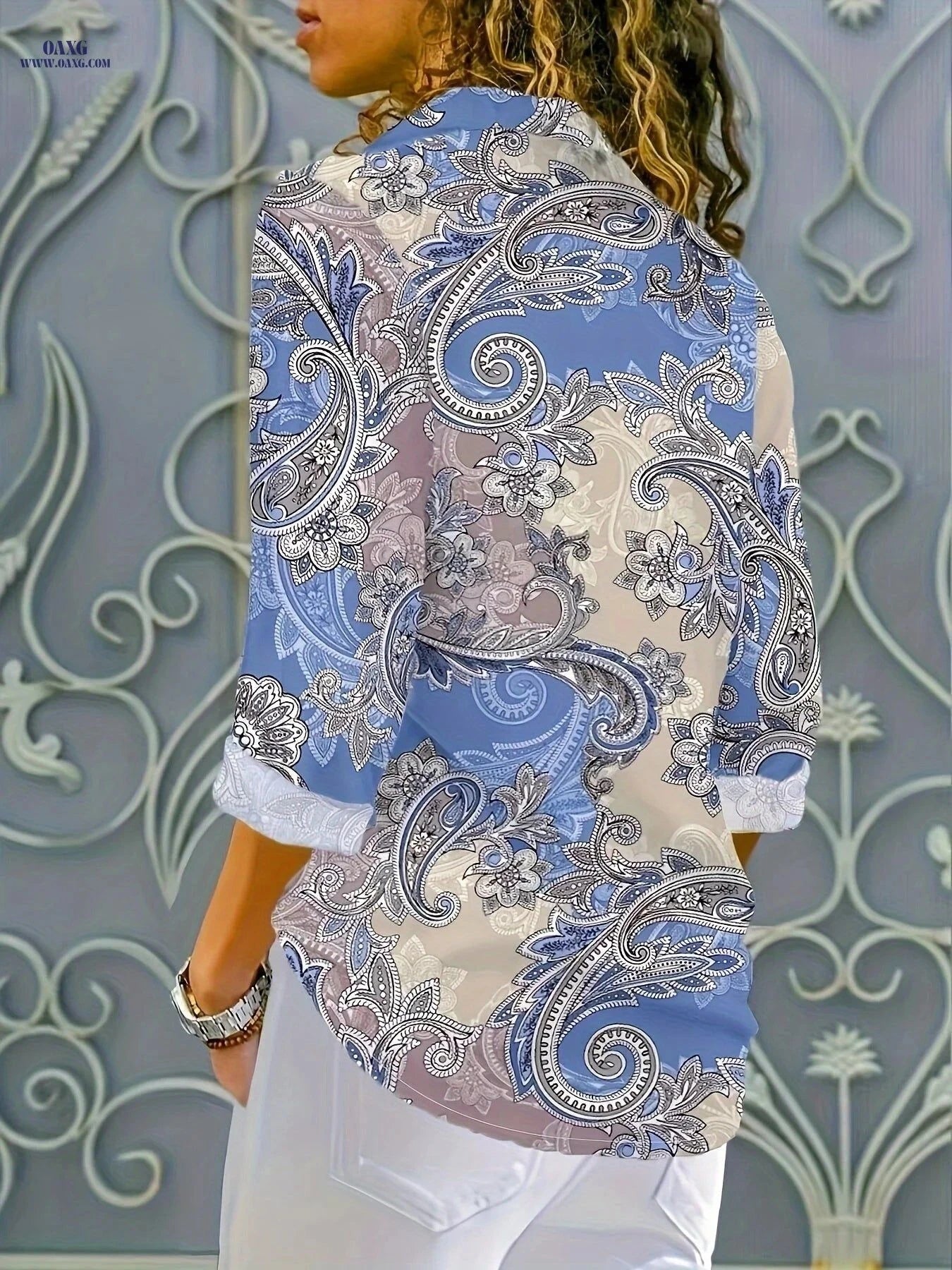 Elegant Paisley Long-Sleeved Blouse - Casual Bohemian Design   OAXG Mixed colors / S