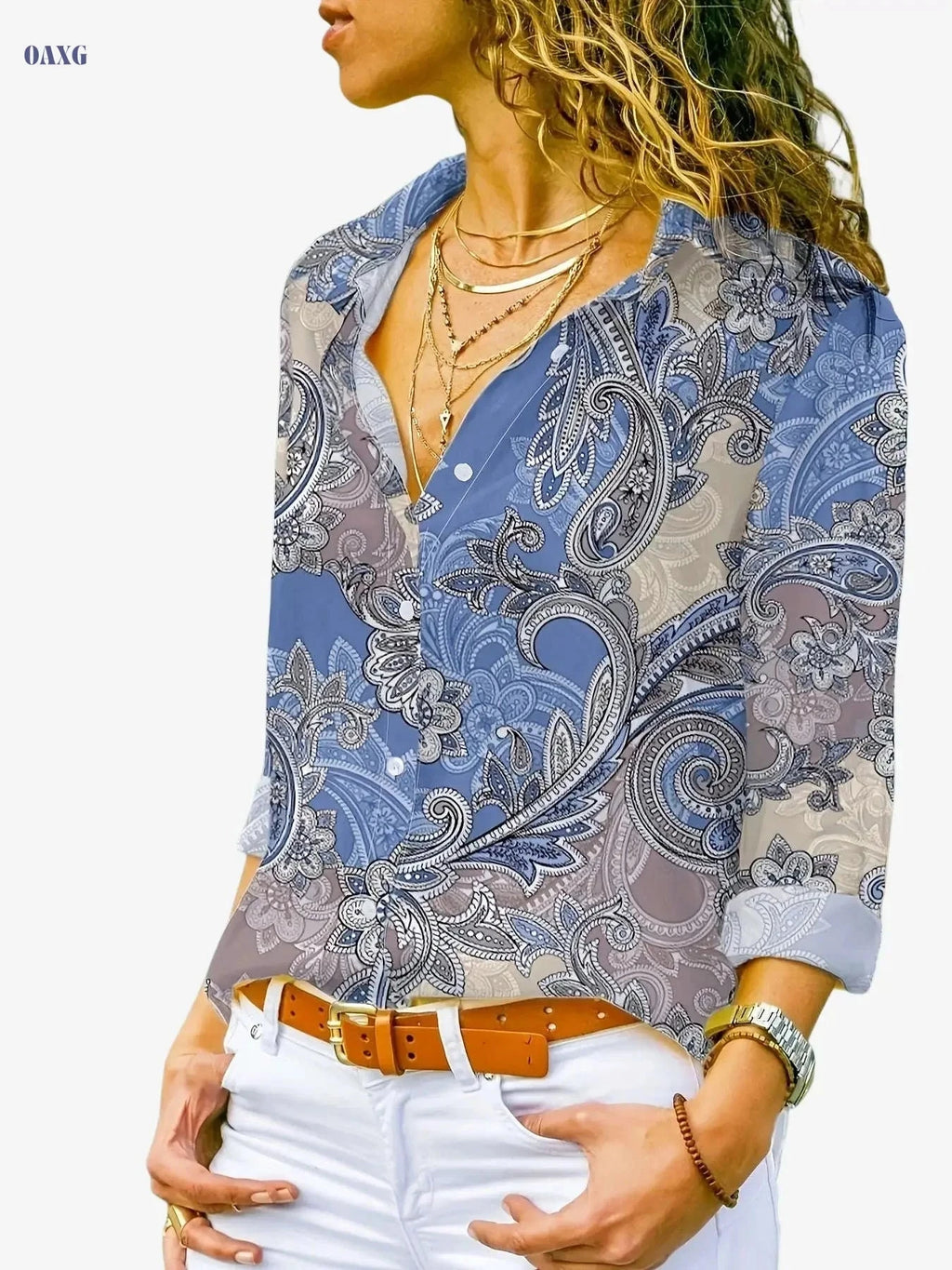 Elegant Paisley Long-Sleeved Blouse - Casual Bohemian Top   OAXG 