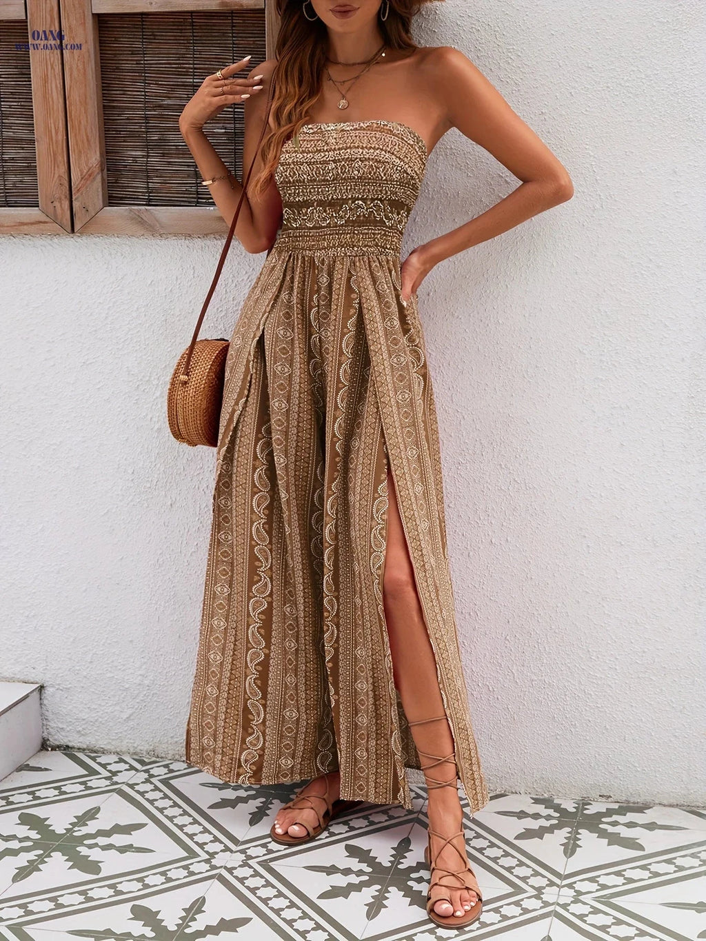 Elegant Paisley Print Summer Dress - High Thigh Slit Off-Shoulder   OAXG Red / S