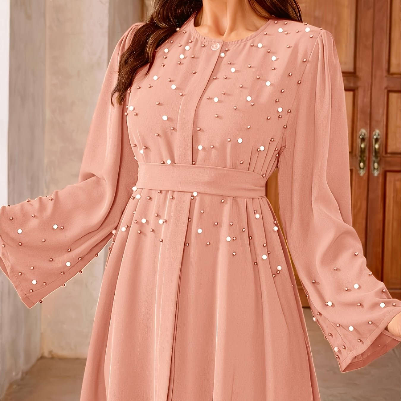 Elegant Pearl Abayas for Middle Eastern Muslims - 100% Polyester Fabric   OAXG Reddish Brown / S