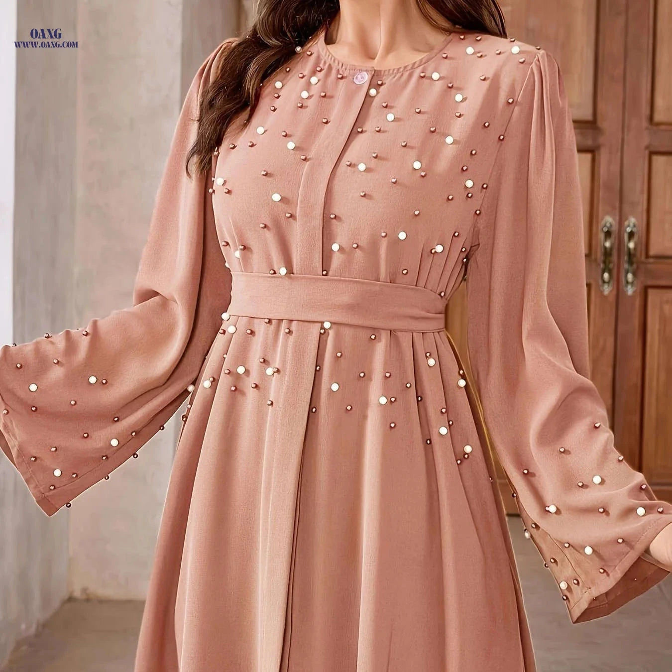 Elegant Pearl Abayas for Middle Eastern Muslims - 100% Polyester Fabric   OAXG Reddish Brown / S