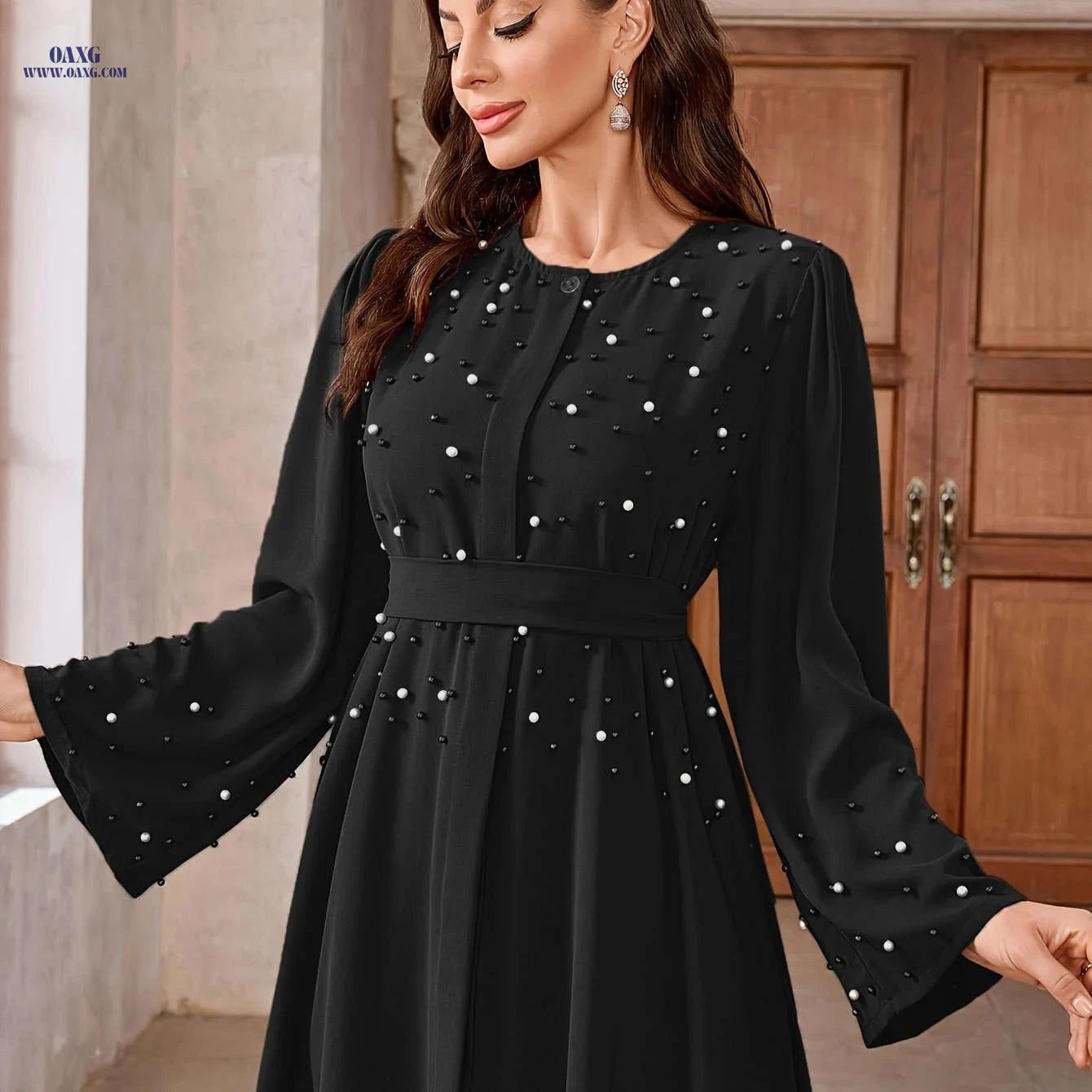 Elegant Pearl Abayas for Middle Eastern Muslims - 100% Polyester Fabric   OAXG Reddish Brown / S