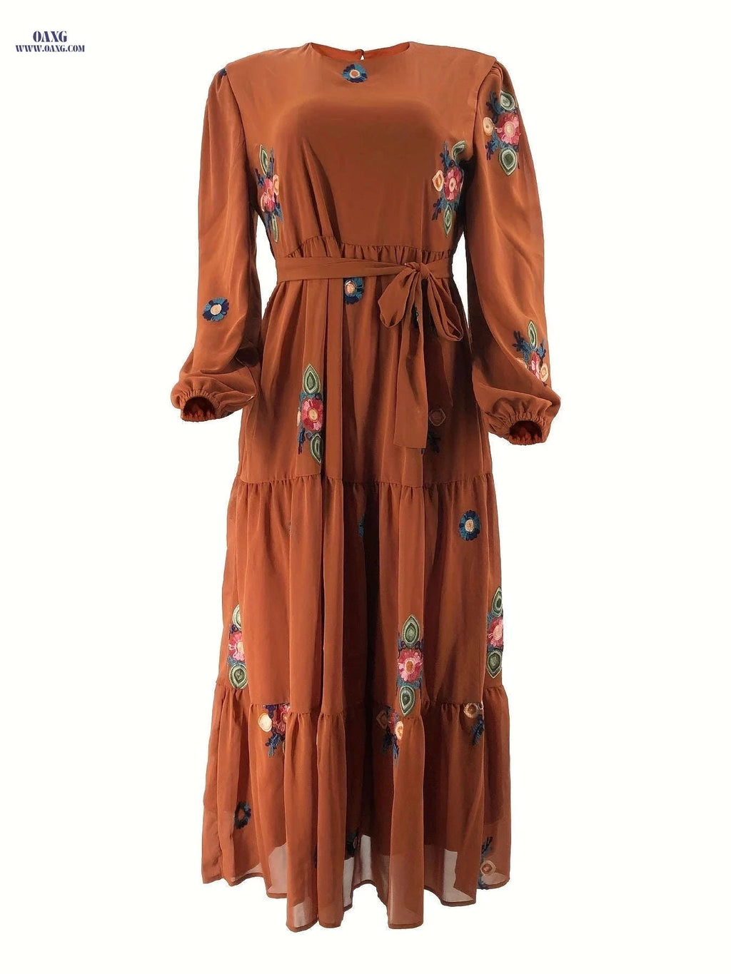 Elegant Pearl Chiffon Embroidered Dress for Middle Eastern Women   OAXG Orange Brown / S