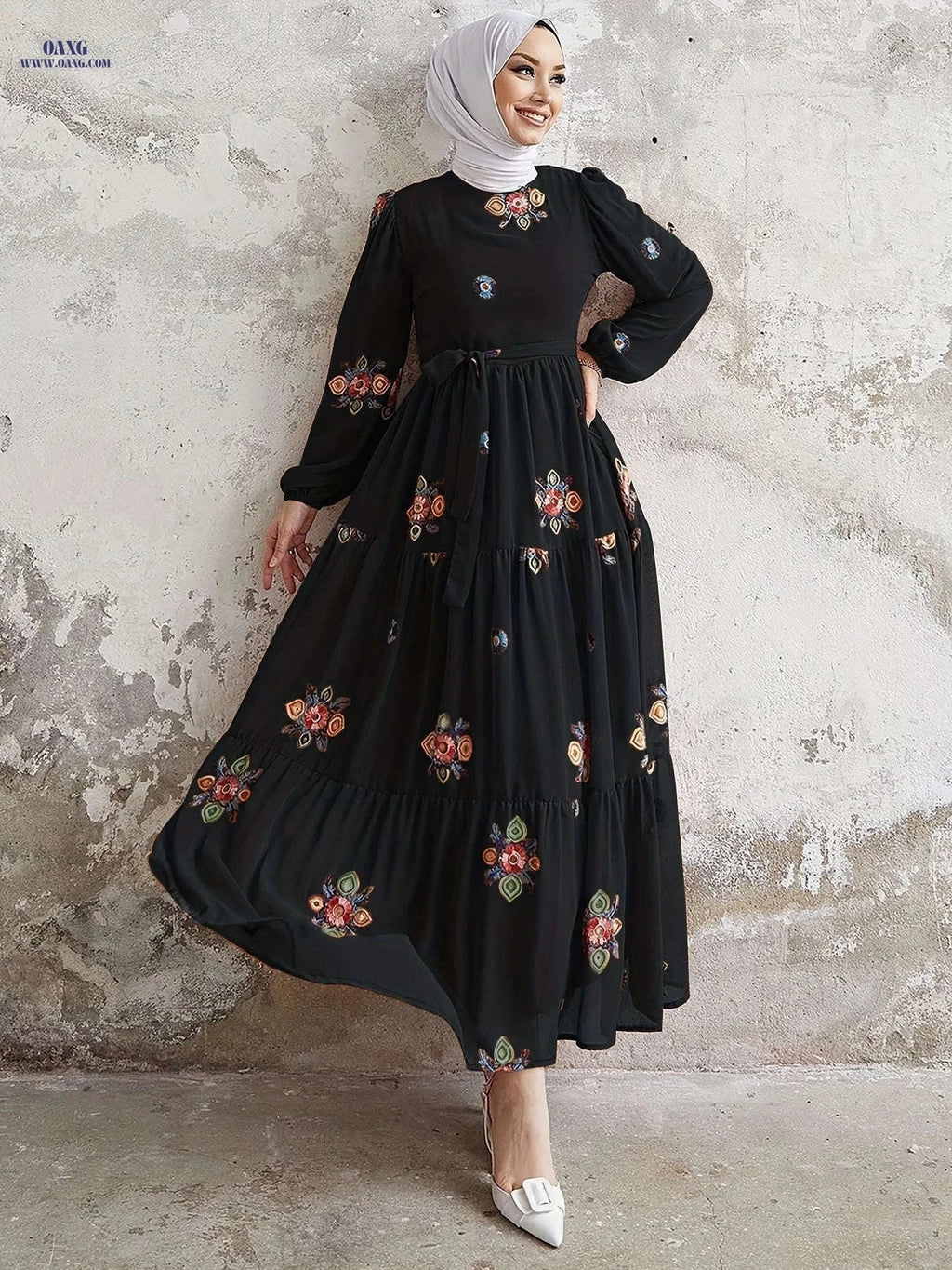 Elegant Pearl Chiffon Embroidered Dress for Middle Eastern Women   OAXG Orange Brown / S
