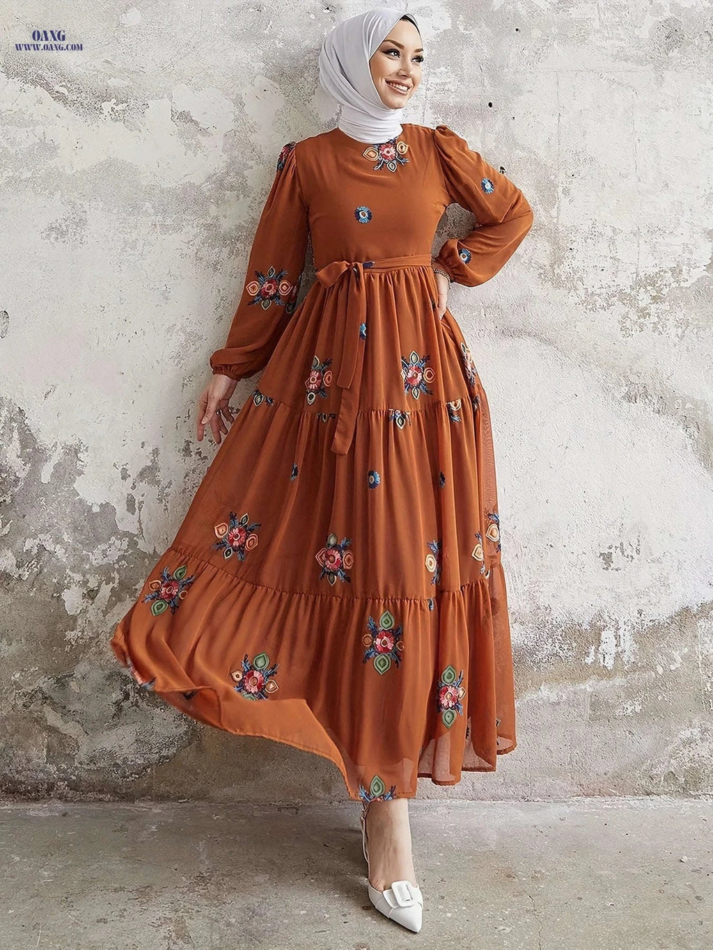 Elegant Pearl Chiffon Embroidered Dress for Middle Eastern Women   OAXG 