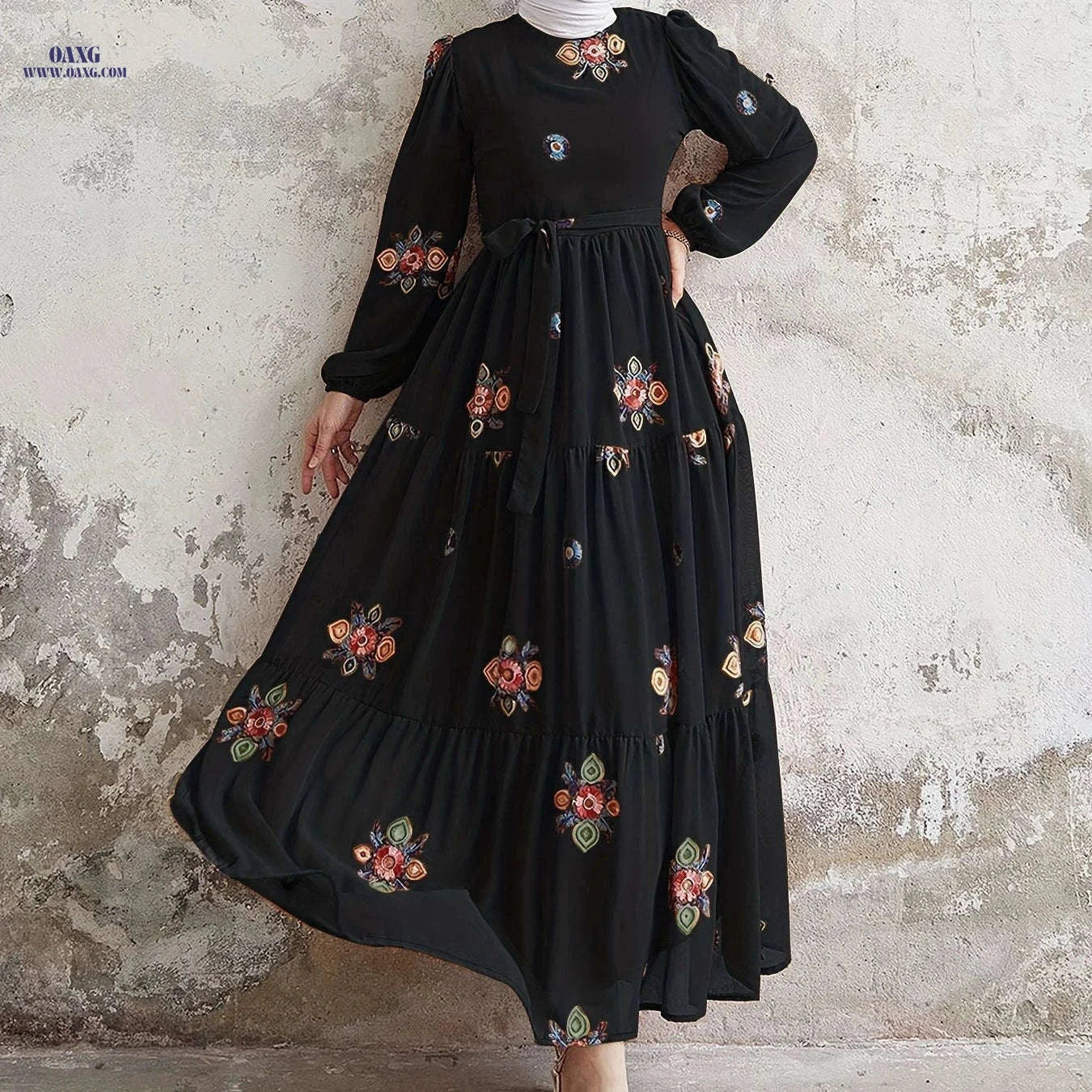 Elegant Pearl Chiffon Embroidered Dress for Middle Eastern Women   OAXG 