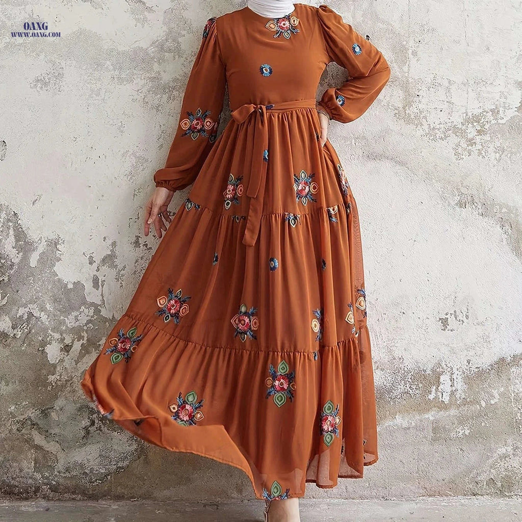 Elegant Pearl Chiffon Embroidered Dress for Middle Eastern Women   OAXG 