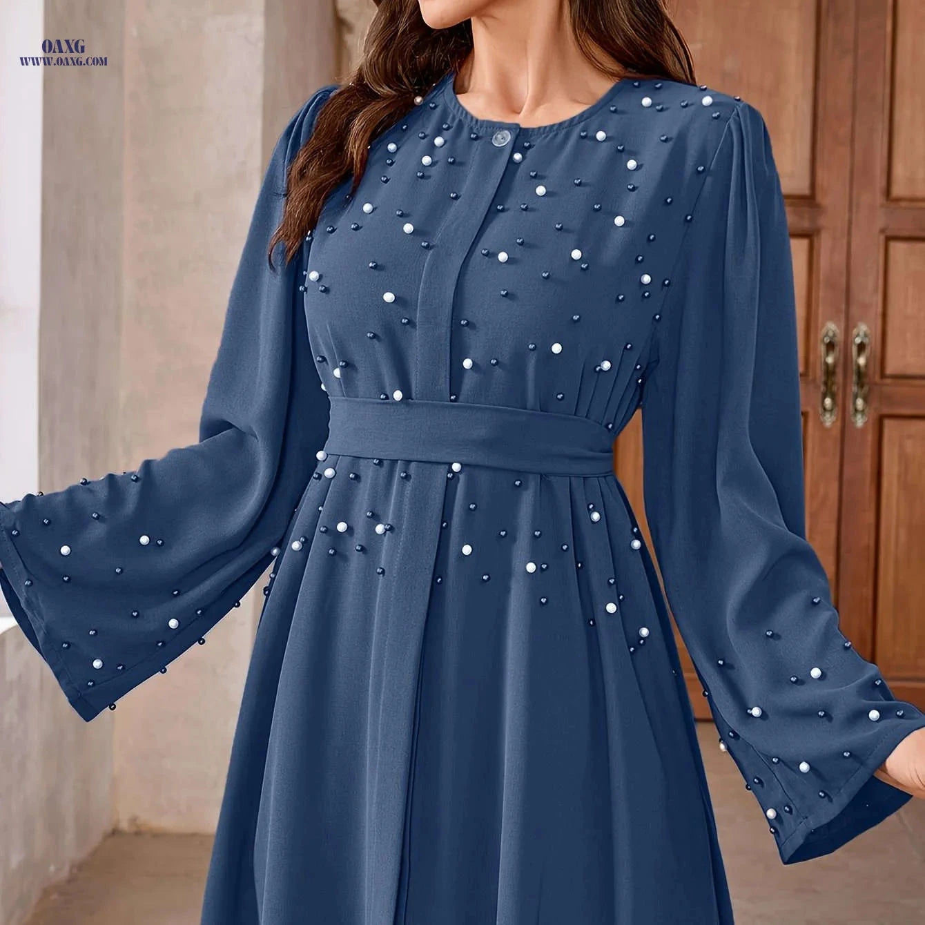 Elegant Pearl Robe for Ramadan - Long Length, 100% Polyester   OAXG 