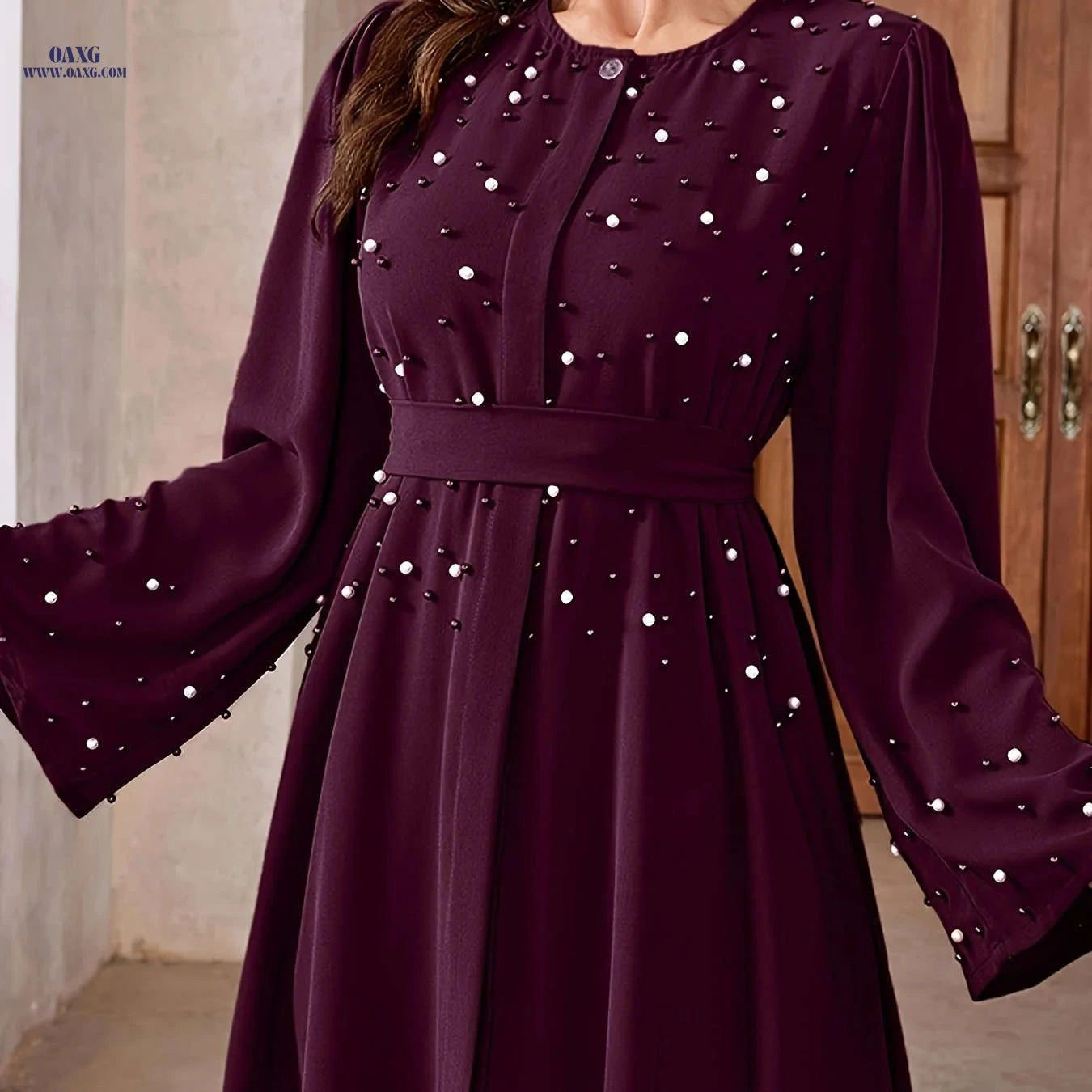 Elegant Pearl Robe for Ramadan - Long Length, 100% Polyester   OAXG 