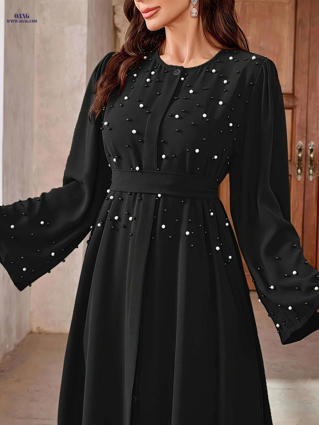 Elegant Pearl Robe for Ramadan - Long Length, 100% Polyester   OAXG 