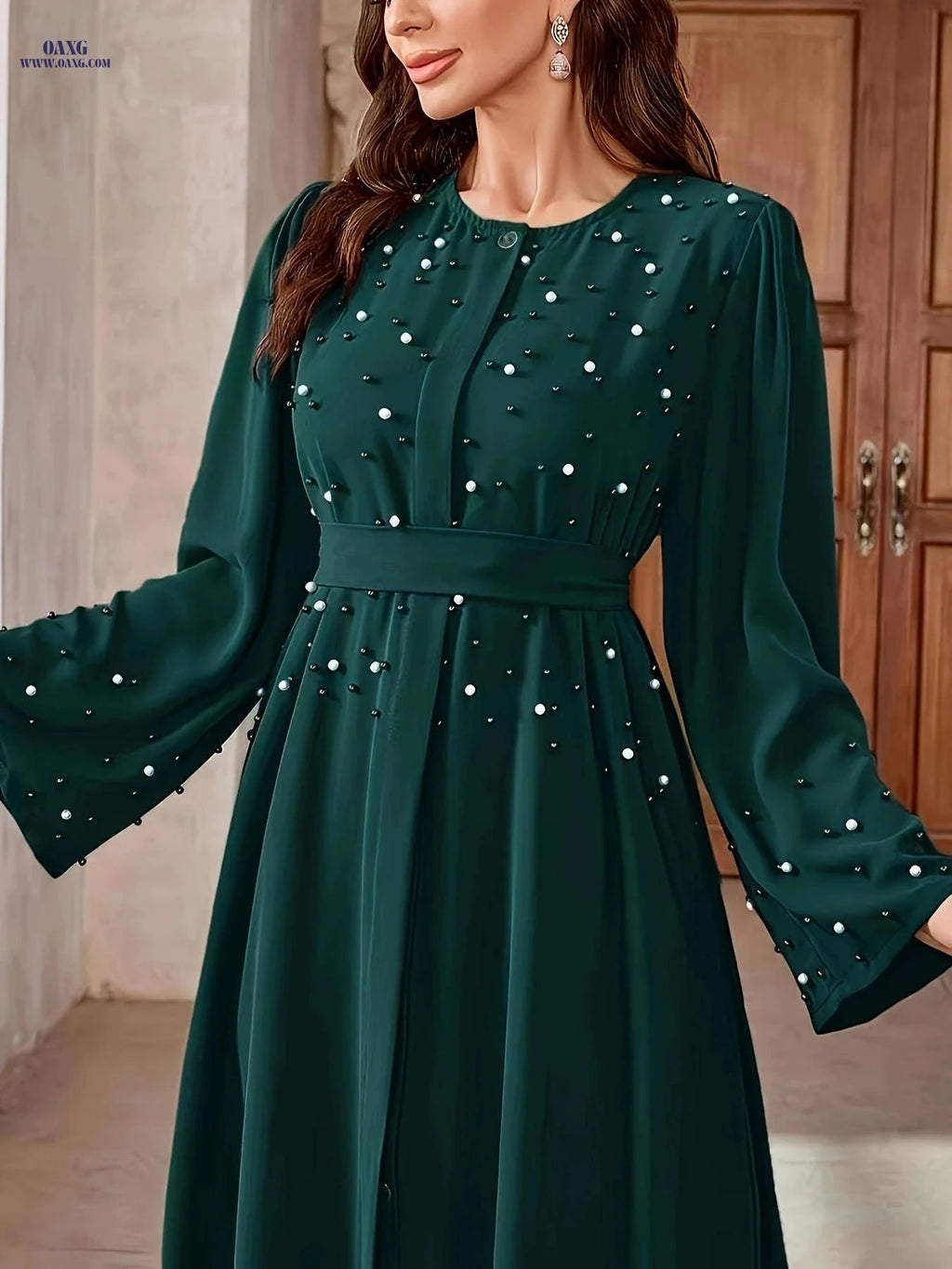 Elegant Pearl Robe for Ramadan - Long Length, 100% Polyester   OAXG 