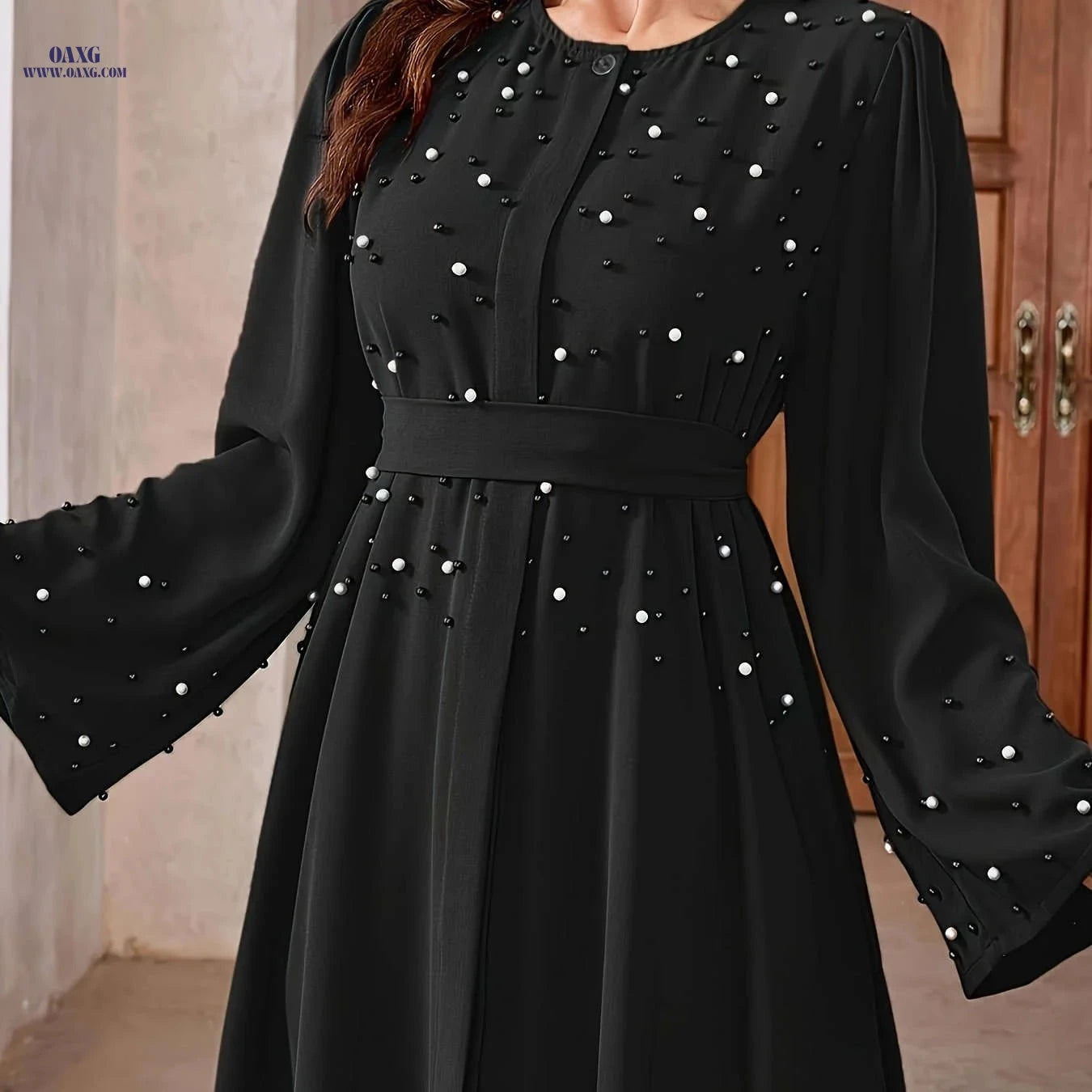 Elegant Pearl Robe for Ramadan - Long Length, 100% Polyester   OAXG Pink / S