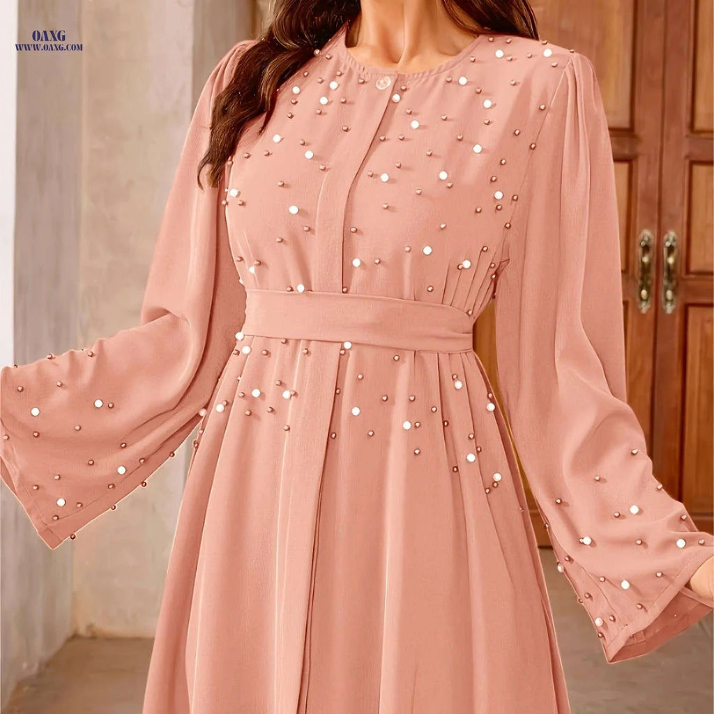 Elegant Pearl Robe for Ramadan - Long Length, 100% Polyester   OAXG Pink / S