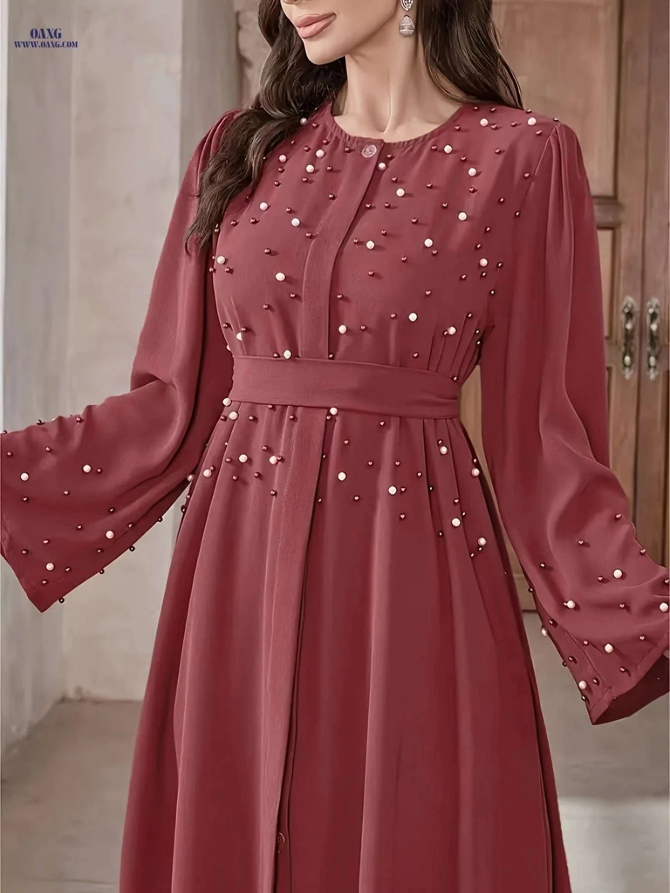 Elegant Pearl Robe for Ramadan - Long Length, 100% Polyester   OAXG 
