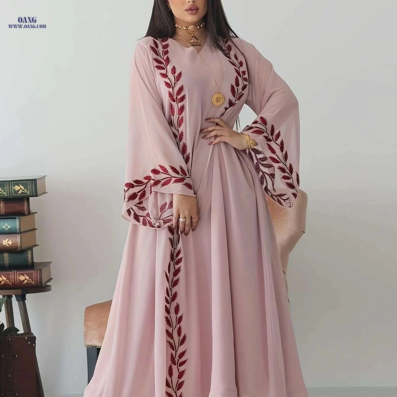 Elegant Pink Embroidered Abaya with Golden Accents for Women   OAXG 