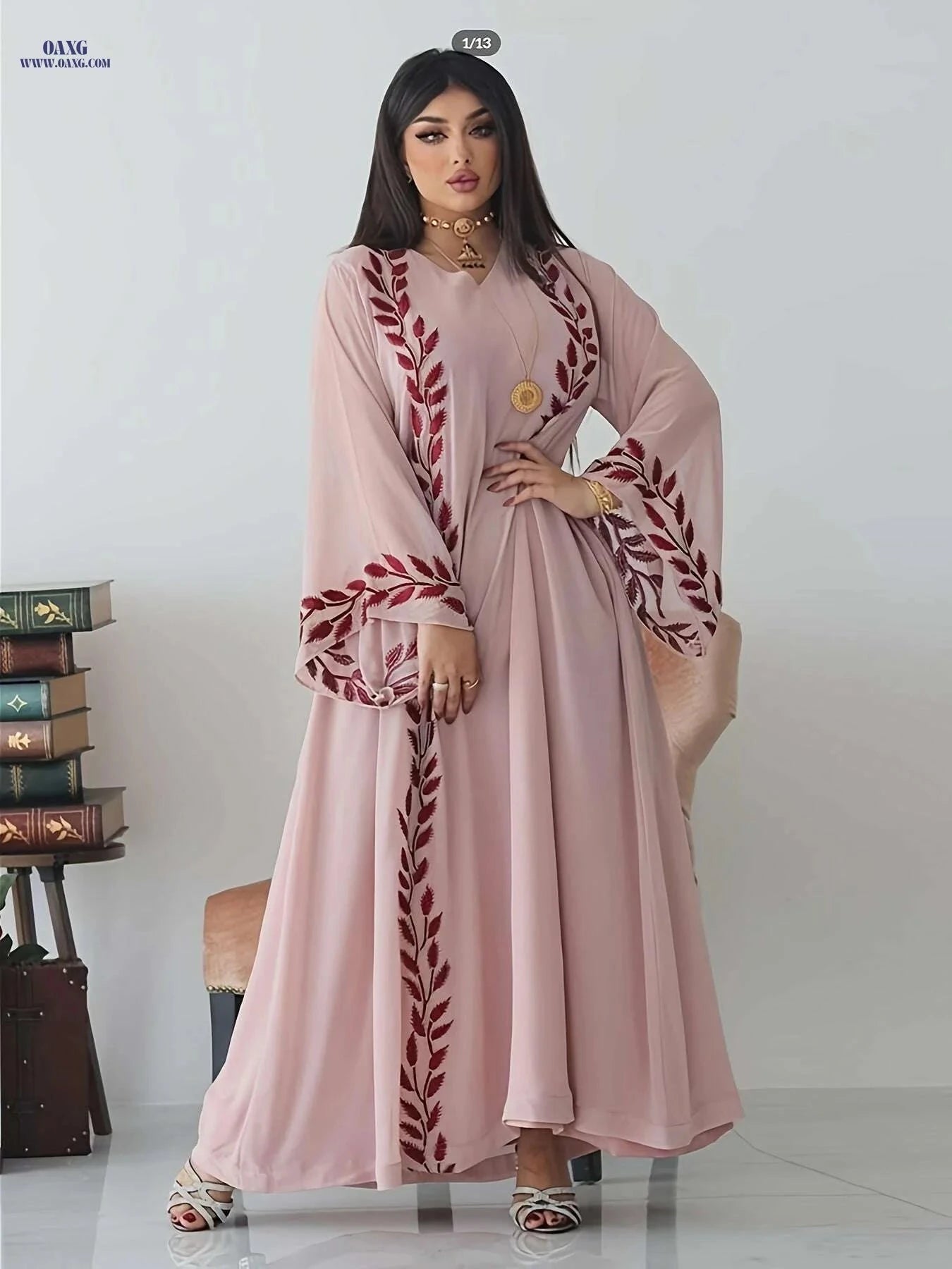 Elegant Pink Embroidered Abaya with Golden Accents for Women   OAXG Pink Color / S
