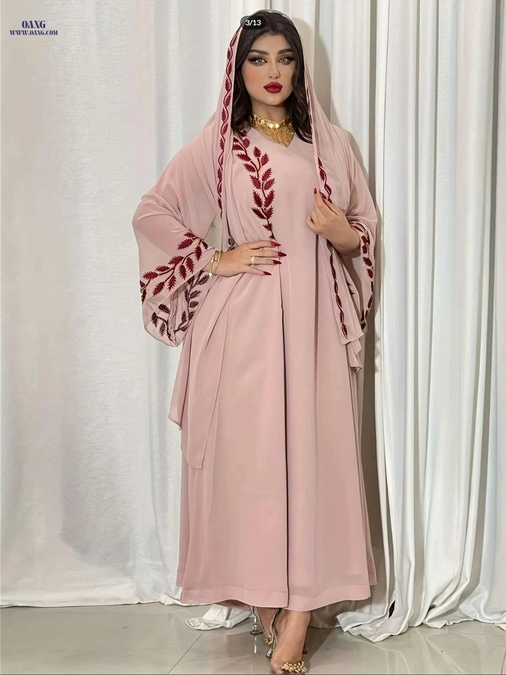 Elegant Pink Embroidered Abaya with Golden Accents for Women   OAXG Pink Color / S