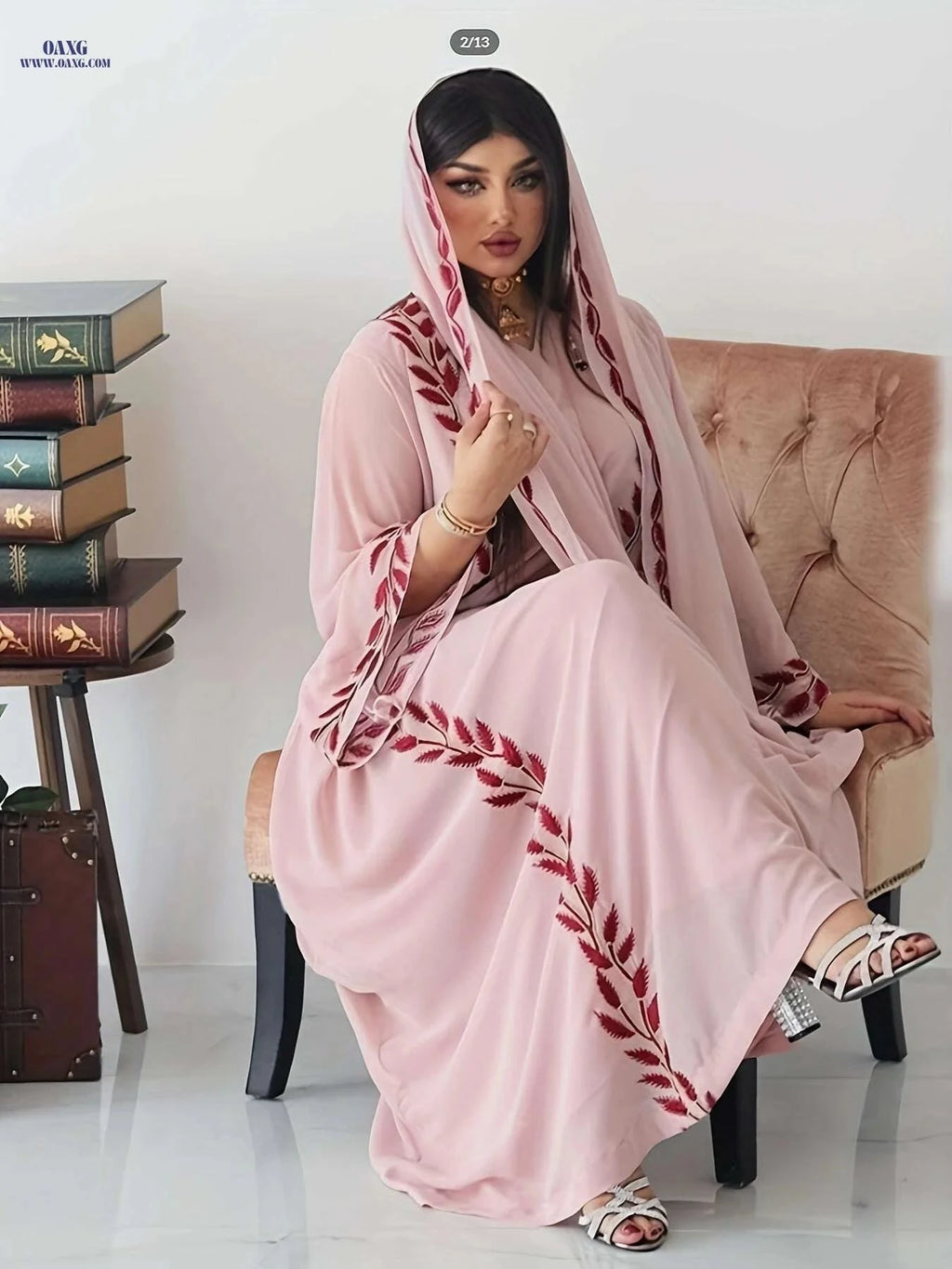 Elegant Pink Embroidered Abaya with Golden Accents for Women   OAXG Pink Color / S