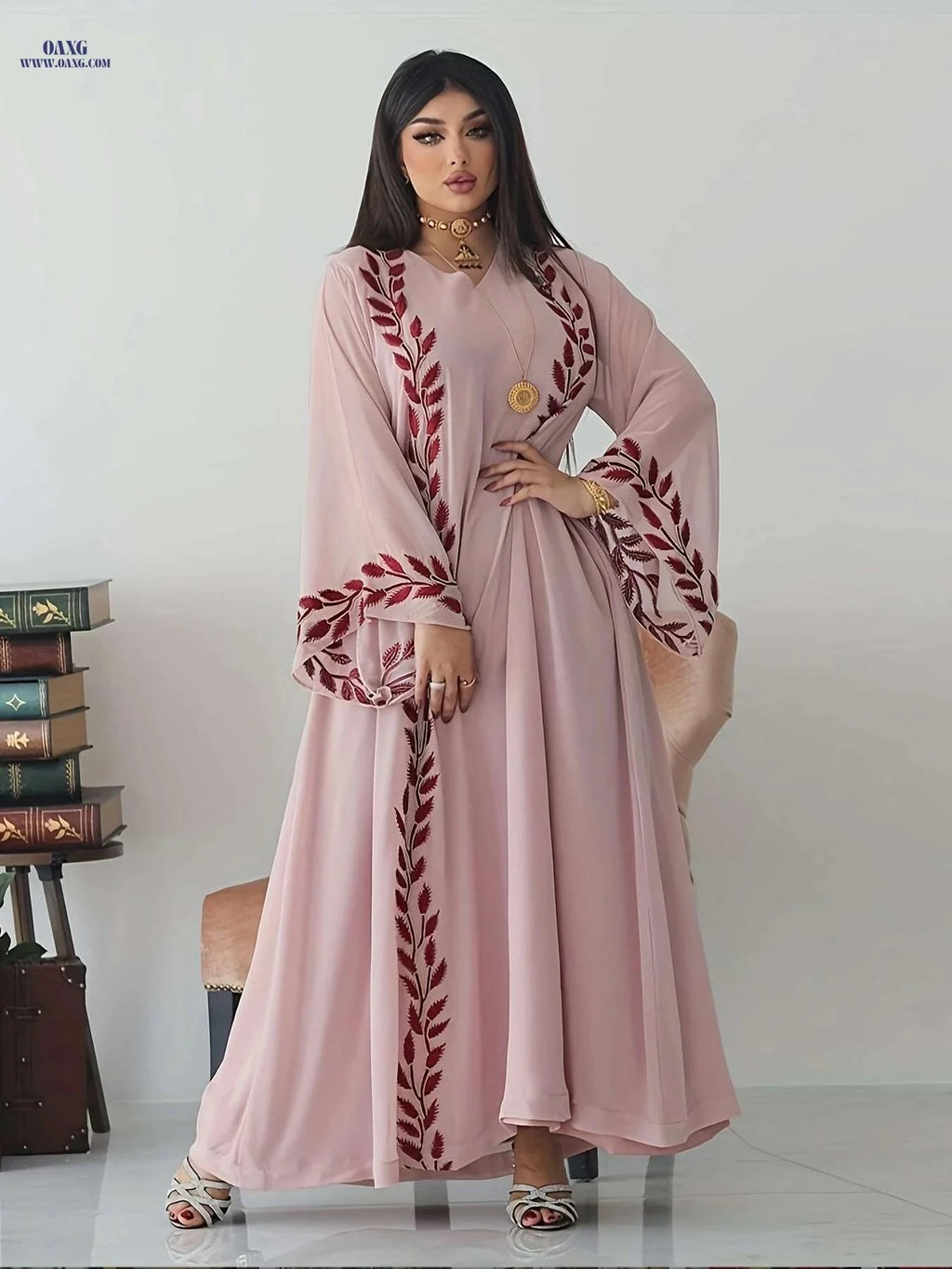 Elegant Pink Embroidered Abaya with Golden Accents for Women   OAXG 
