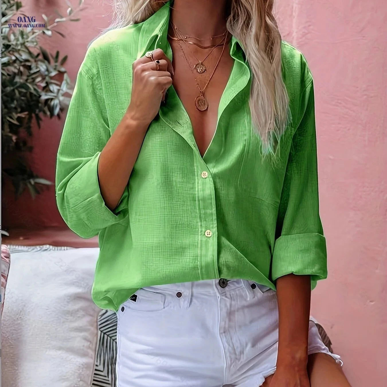 Elegant Pink Lapel Shirt - 3/4 Sleeve Women's Blouse for Spring/Fall   OAXG Royal Blue 1 / S