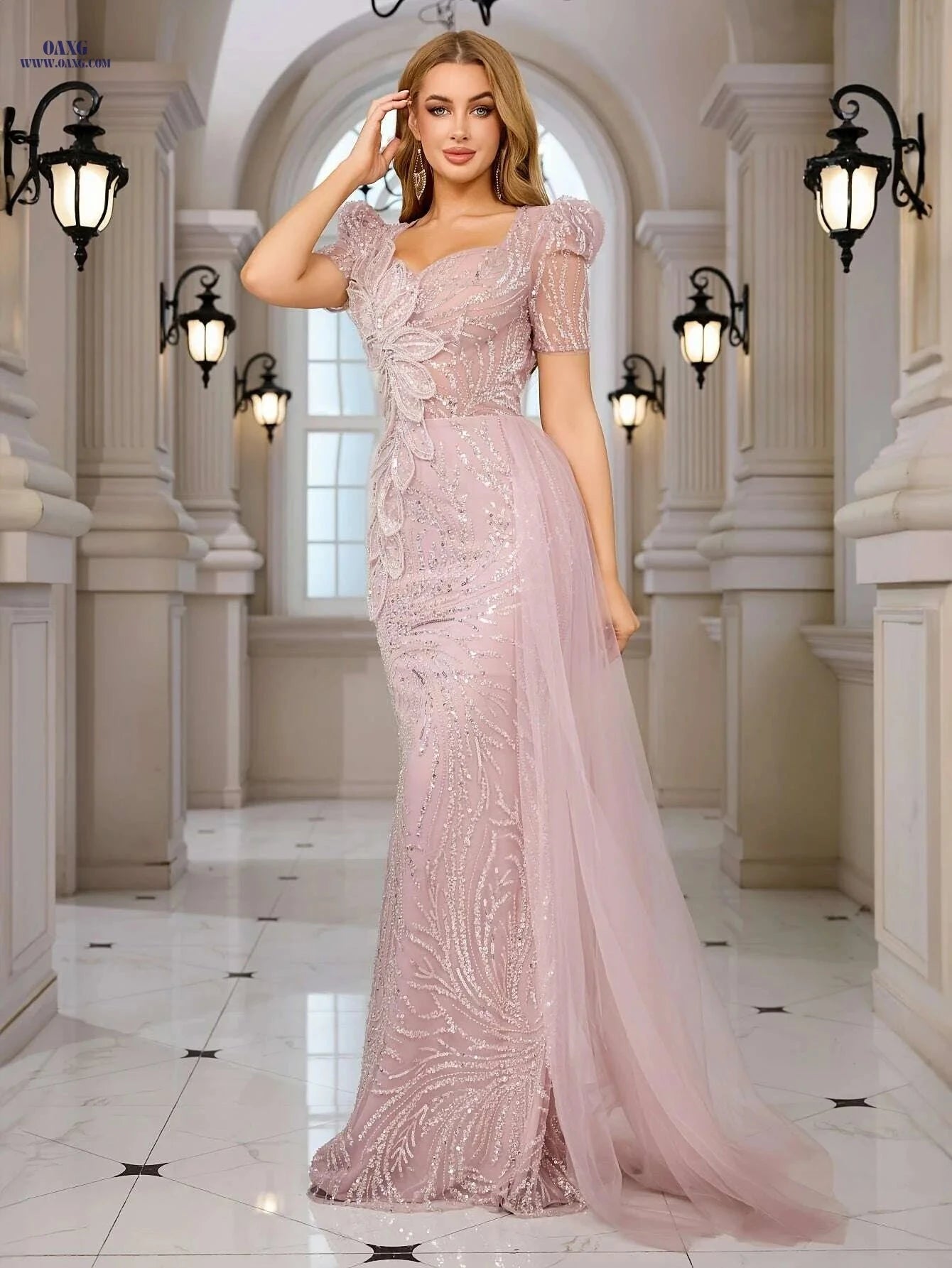 Elegant Pink Sequin Mermaid Gown - 3D Floral Embellished Dress   OAXG 