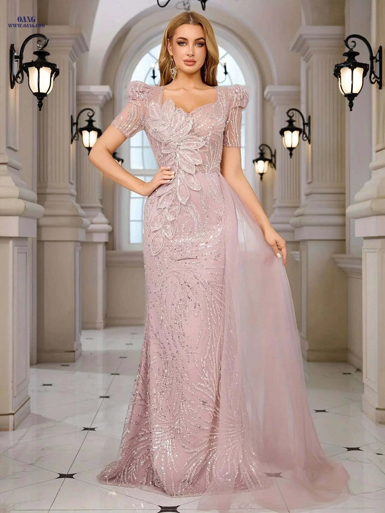 Elegant Pink Sequin Mermaid Gown - 3D Floral Embellished Dress   OAXG 