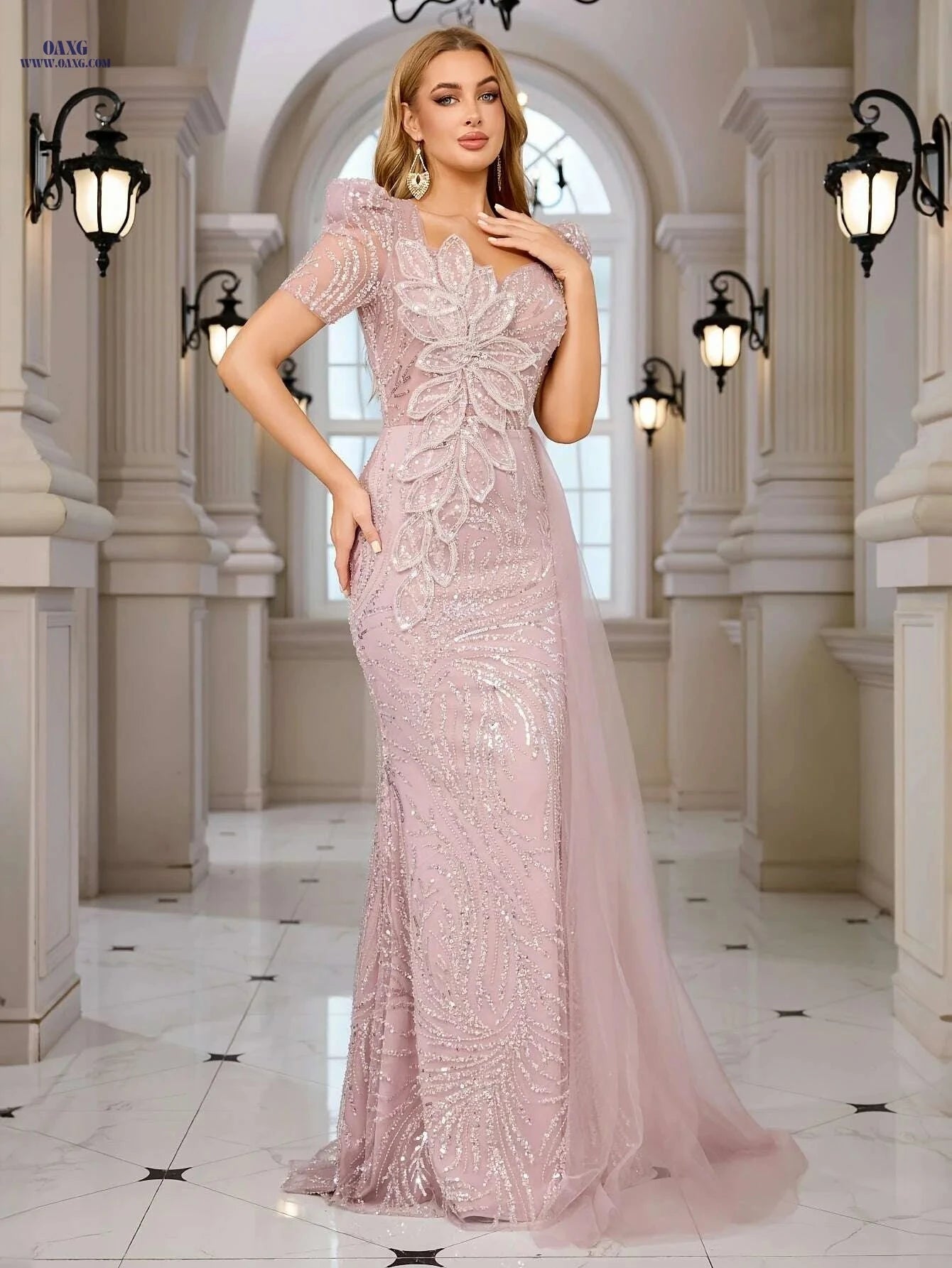 Elegant Pink Sequin Mermaid Gown - 3D Floral Embellished Dress   OAXG 
