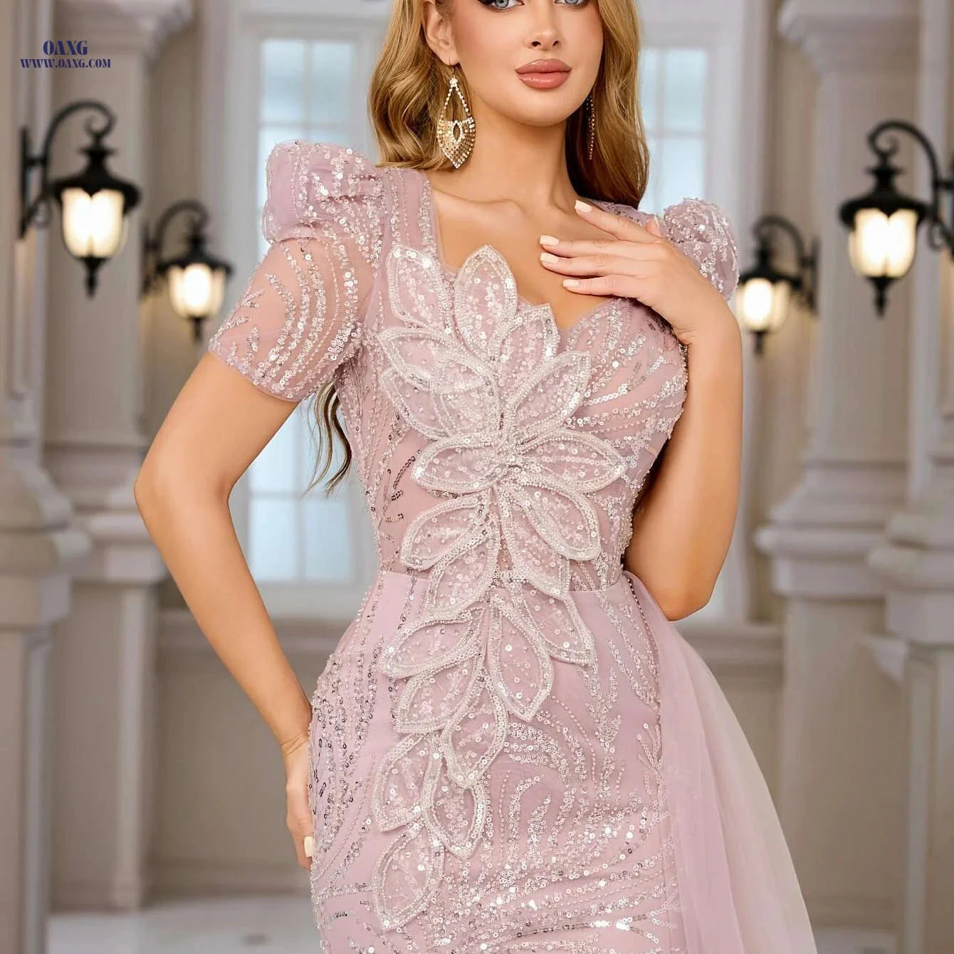 Elegant Pink Sequin Mermaid Gown - 3D Floral Embellished Dress   OAXG Pale Pinkish Gray / S