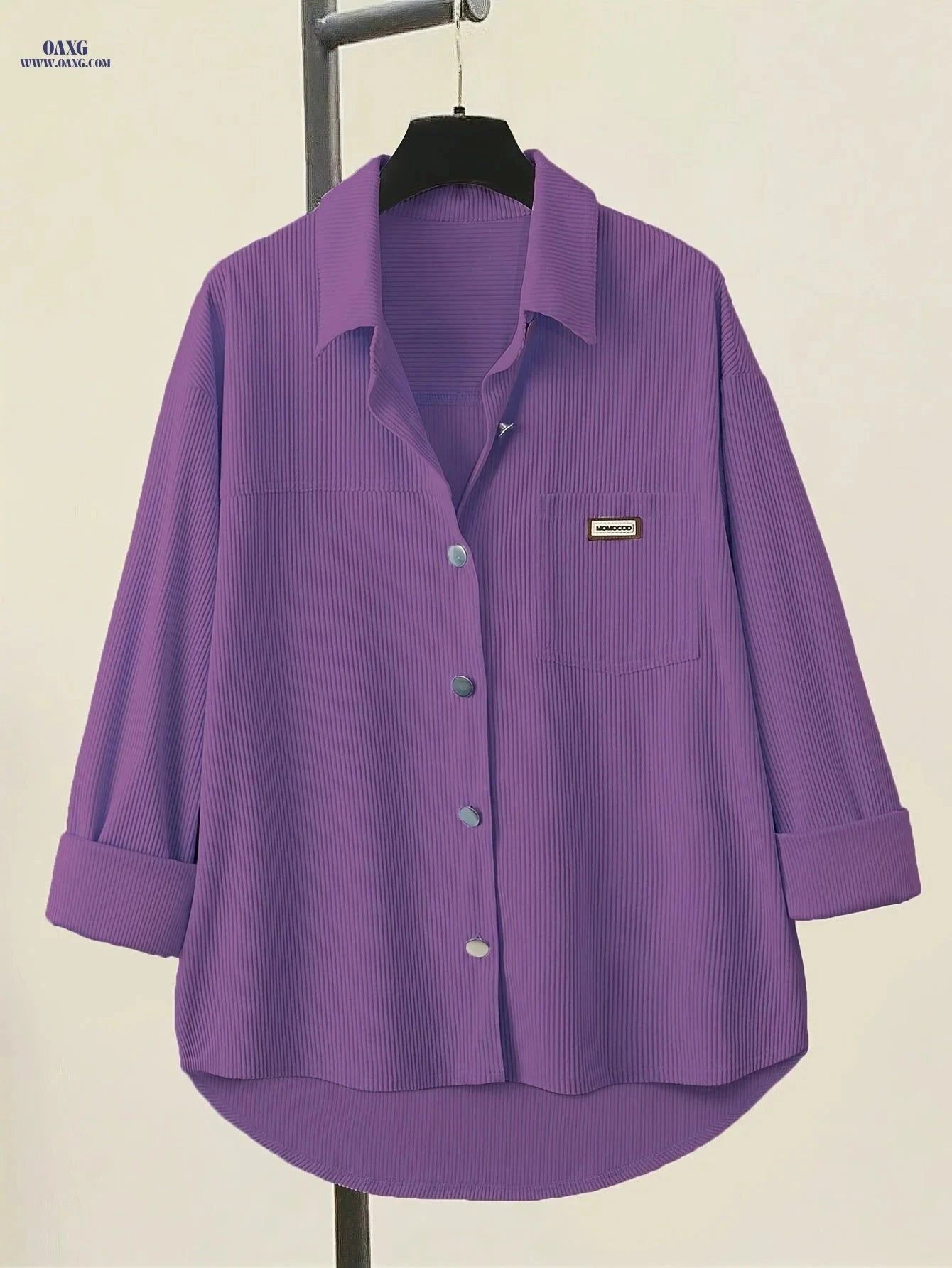 Elegant Pink V-Neck Button-Up Shirt - Loose Fit for All Seasons   OAXG Burgundy / XS