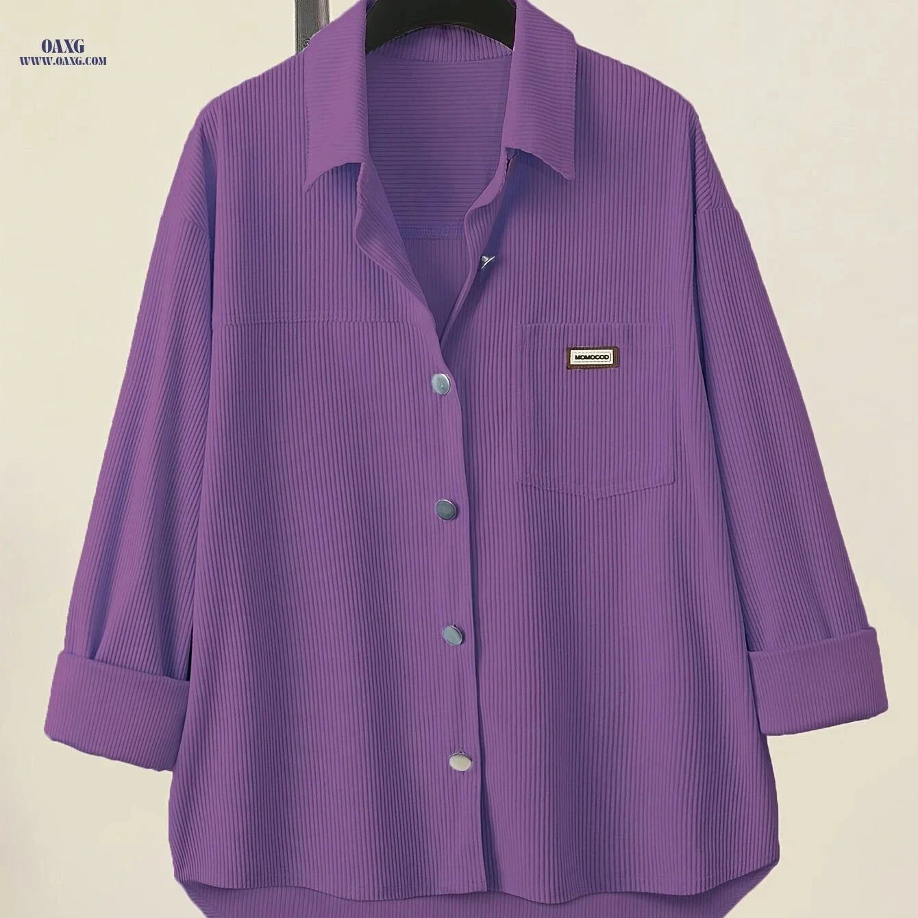 Elegant Pink V-Neck Button-Up Shirt - Loose Fit for All Seasons   OAXG Burgundy / XS