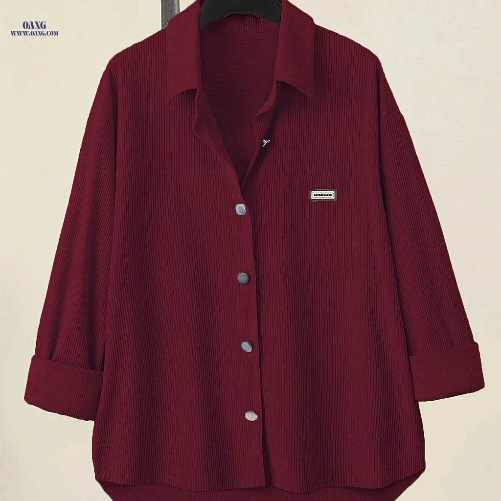 Elegant Pink V-Neck Button-Up Shirt - Loose Fit for All Seasons   OAXG Burgundy / XS