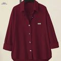 Elegant Pink V-Neck Button-Up Shirt - Loose Fit for All Seasons   OAXG Burgundy / XS