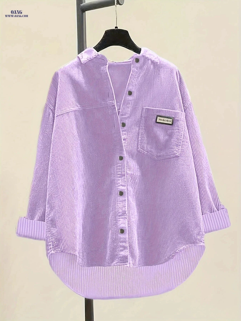 Elegant Pink V-Neck Button-Up Shirt - Loose Fit for All Seasons   OAXG Burgundy / XS