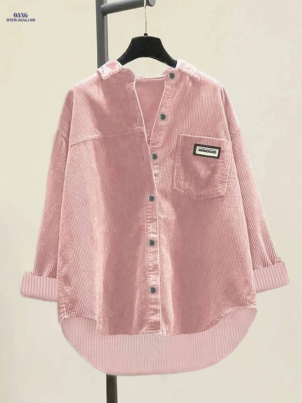 Elegant Pink V-Neck Button-Up Shirt - Loose Fit for All Seasons   OAXG Burgundy / XS