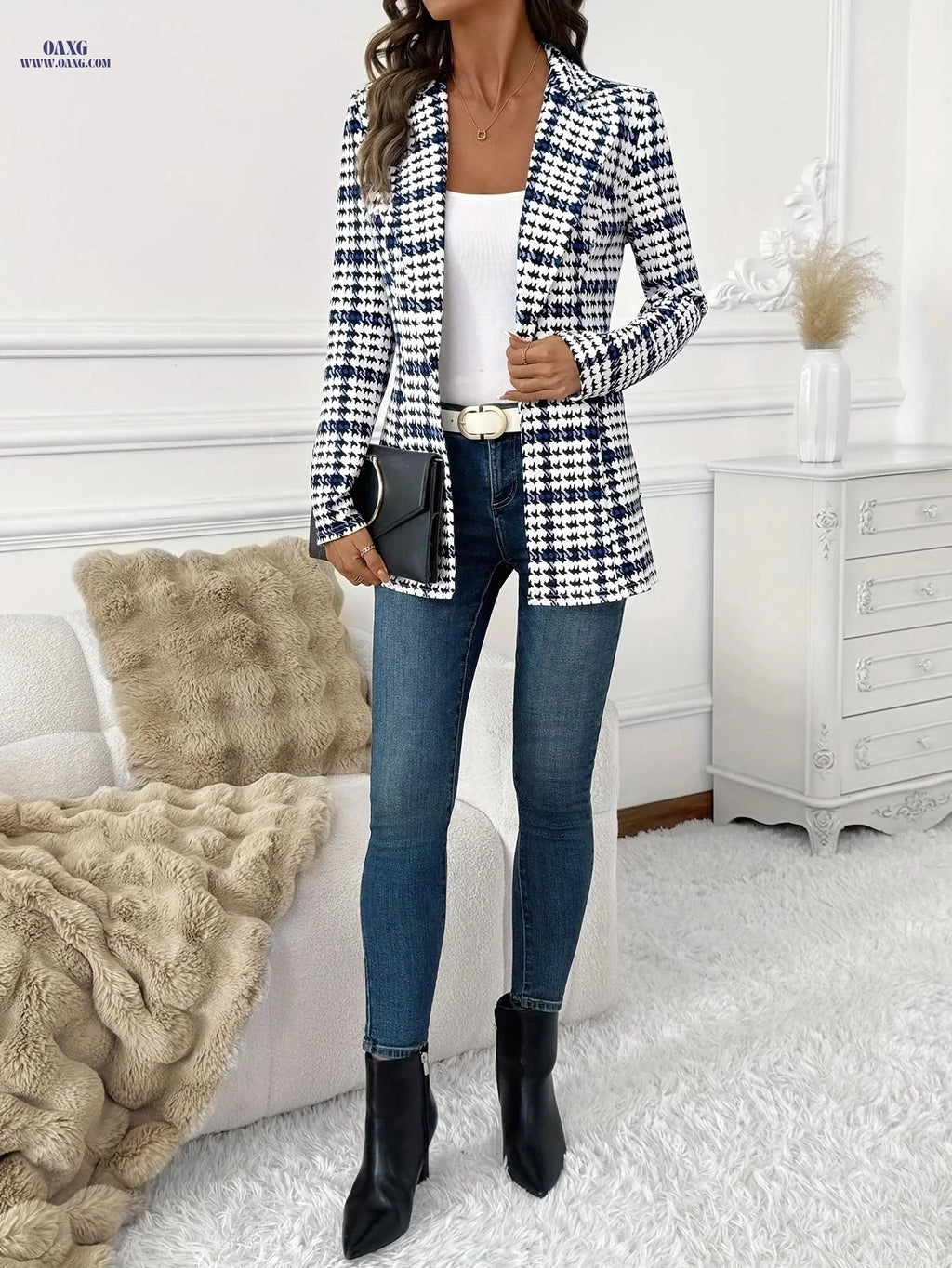Elegant Plaid Blazer Jacket for Women - Versatile Long Sleeve Coat   OAXG Mixed Color / S