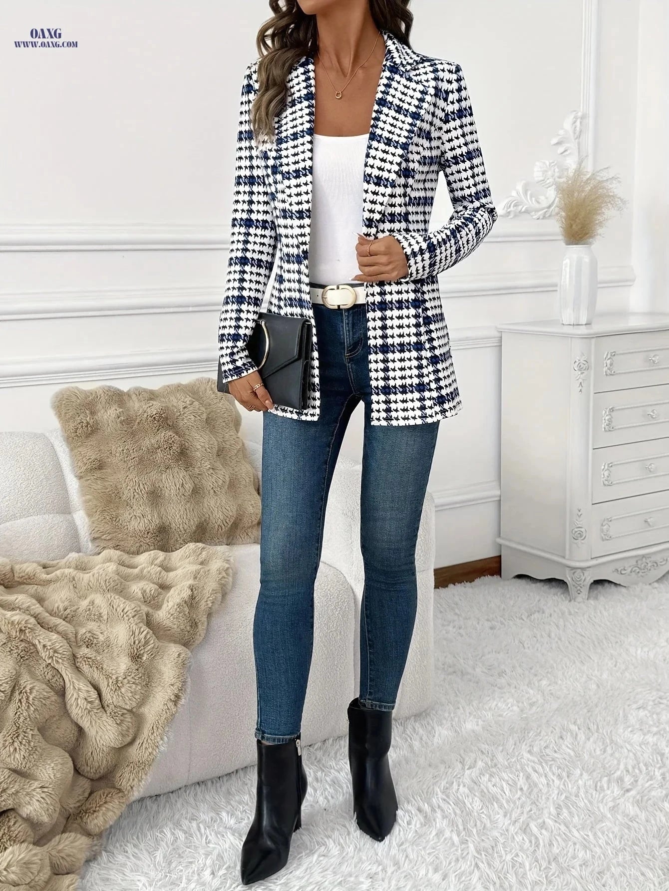 Elegant Plaid Blazer Jacket for Women - Versatile Long Sleeve Coat   OAXG Mixed Color / S