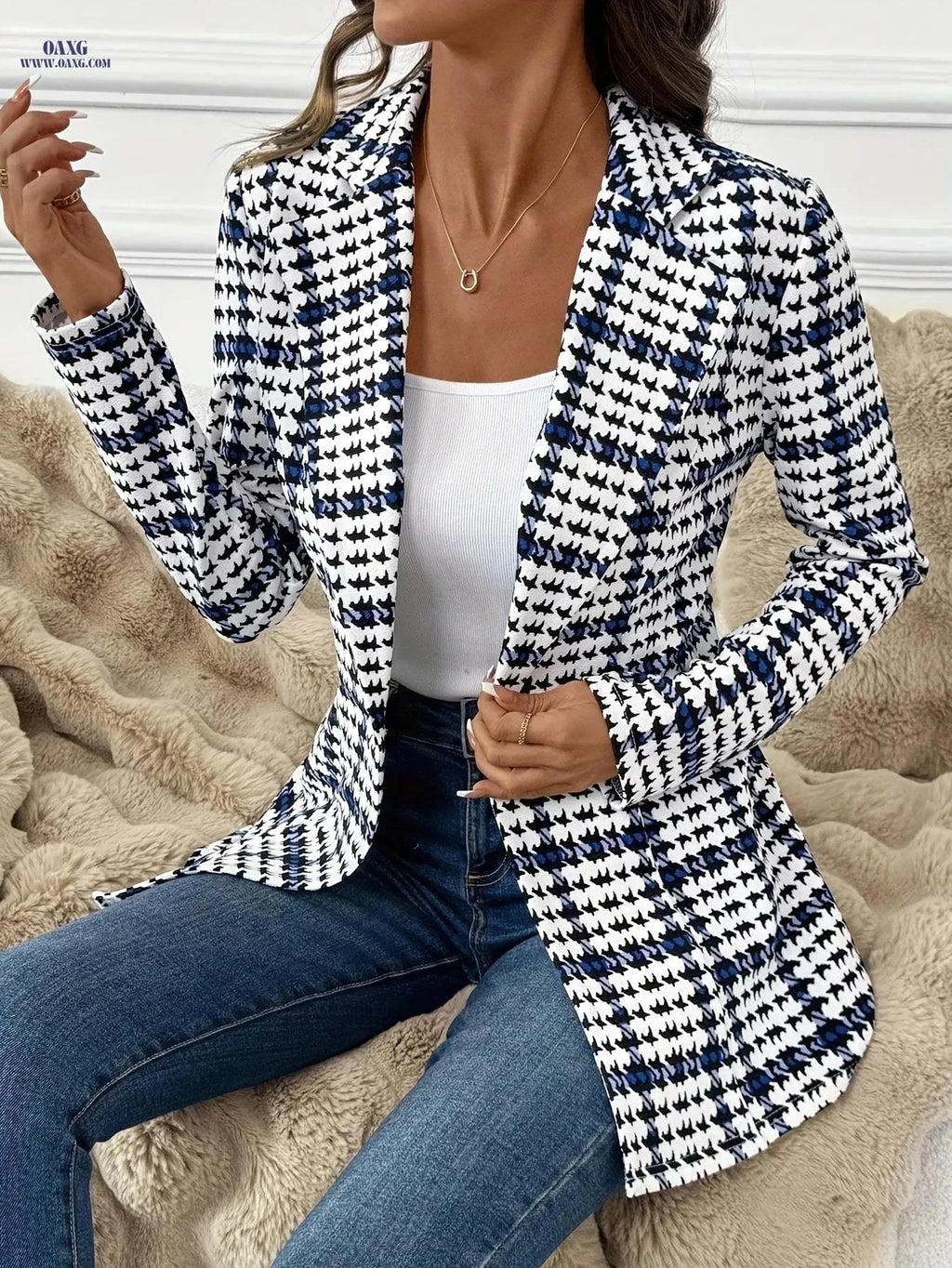 Elegant Plaid Blazer Jacket for Women - Versatile Long Sleeve Coat   OAXG Mixed Color / S