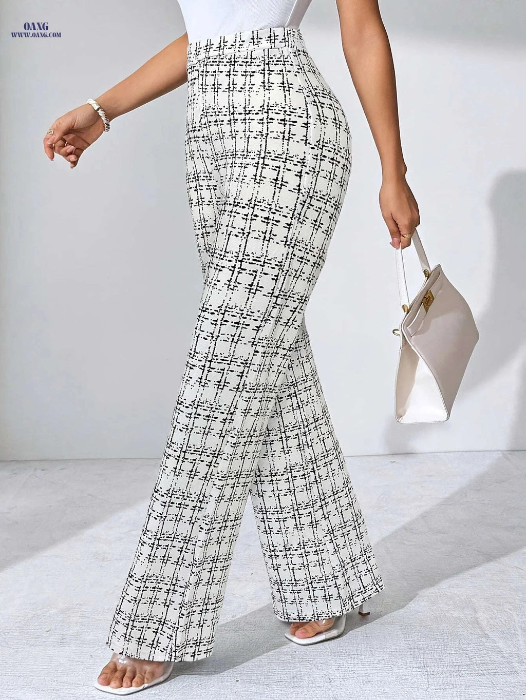 Elegant Plaid Print Stretch Pants - Straight-Leg Trousers for All Seasons   OAXG 