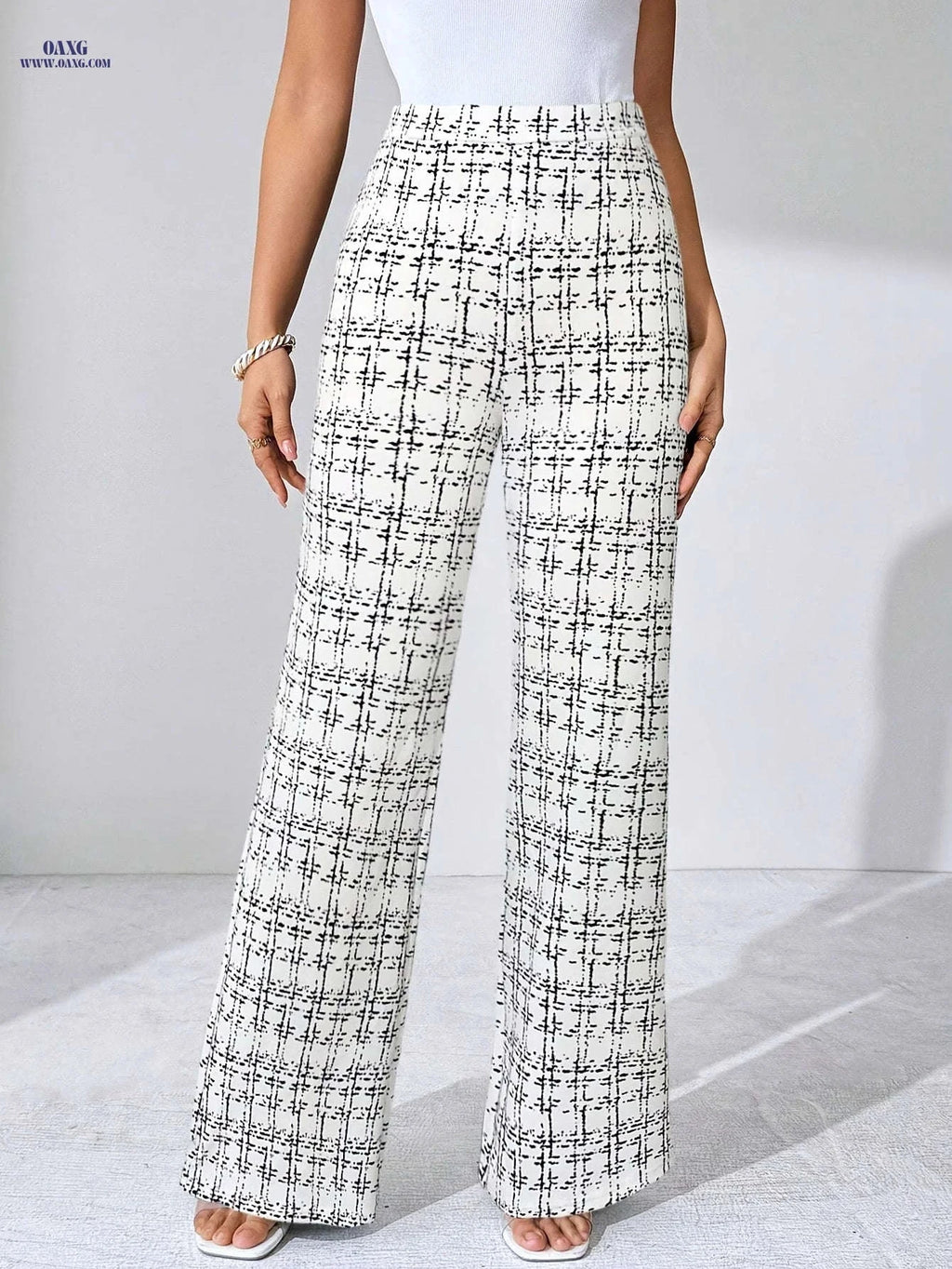 Elegant Plaid Print Stretch Pants - Straight-Leg Trousers for All Seasons   OAXG 