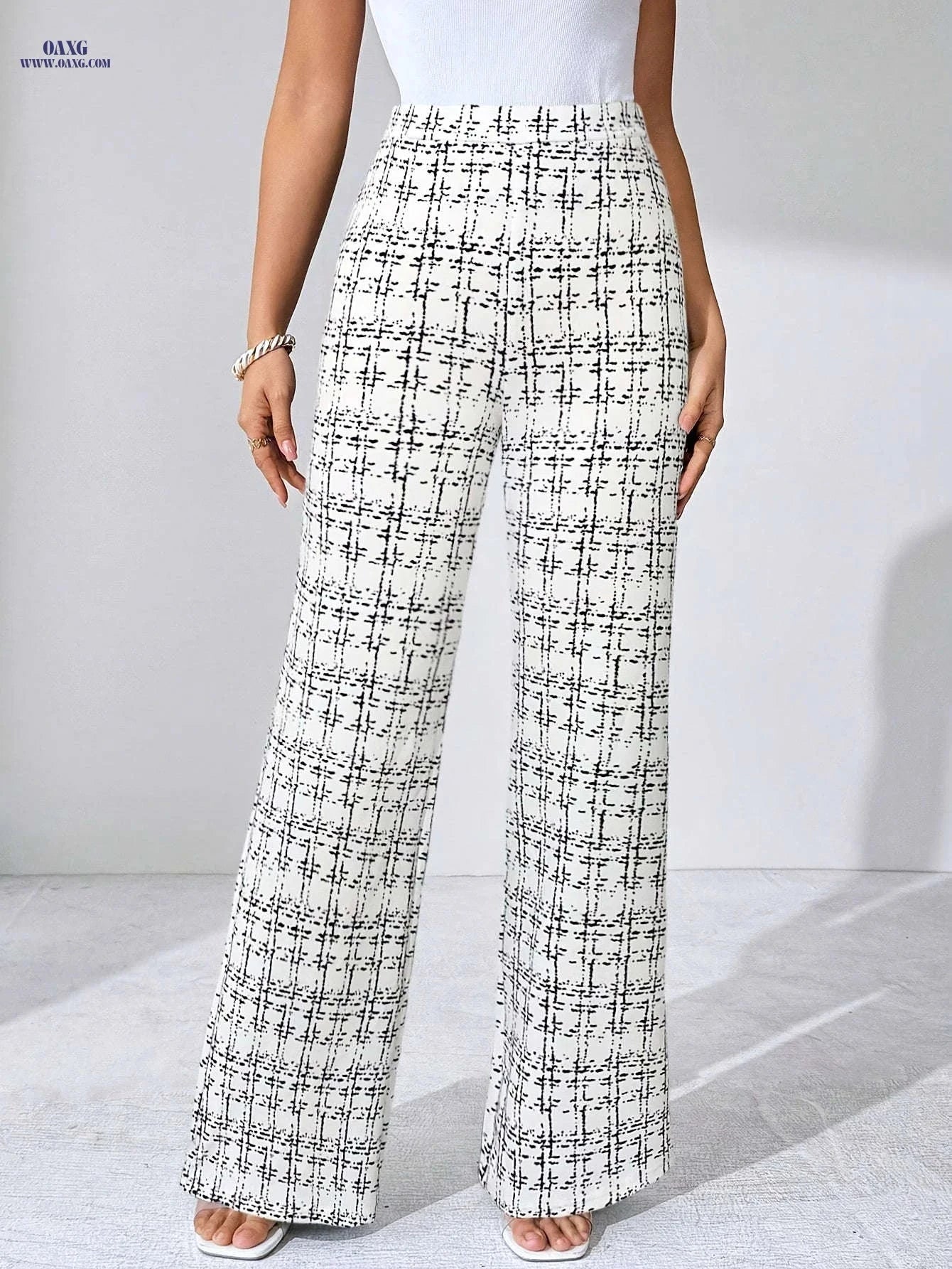 Elegant Plaid Print Stretch Pants - Straight-Leg Trousers for All Seasons   OAXG 