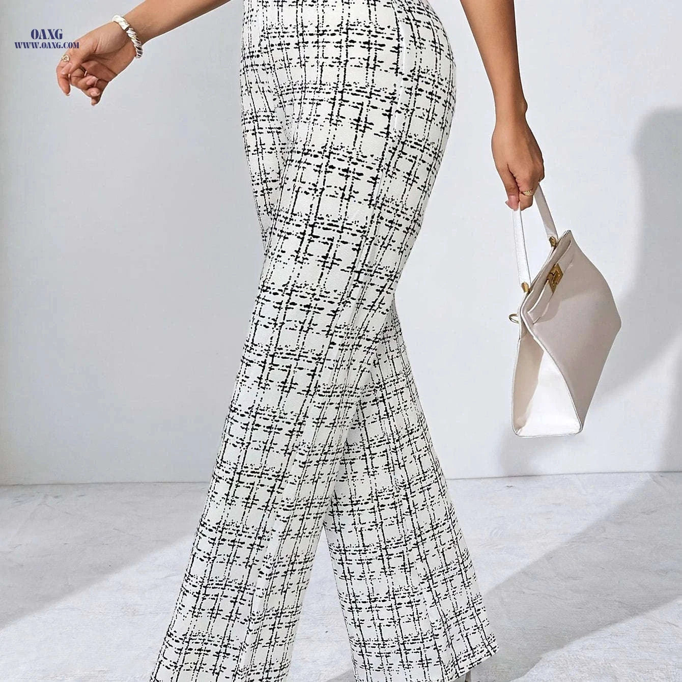 Elegant Plaid Print Stretch Pants - Straight-Leg Trousers for All Seasons   OAXG 